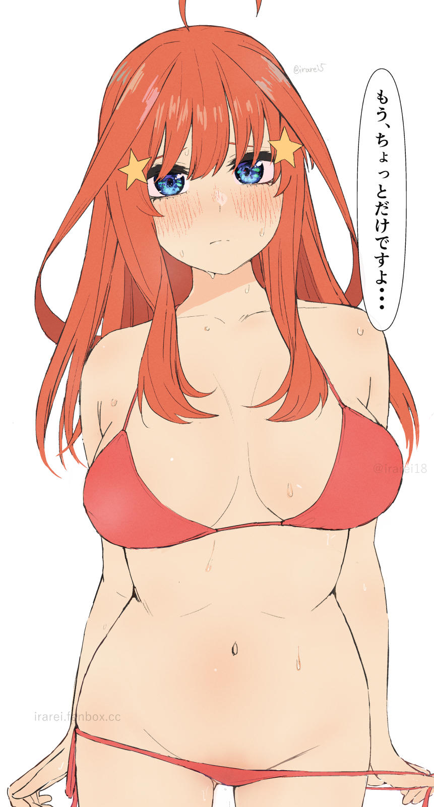 1girls ahoge bikini blue_eyes blush breasts breasts_apart collarbone go-toubun_no_hanayome groin hair_ornament highres irarei_(araisanblog) large_breasts looking_at_viewer nakano_itsuki navel nose_blush orange_hair red_bikini simple_background solo speech_bubble star_(symbol) star_hair_ornament sweat swimsuit twitter_username untied untied_bikini watermark white_background