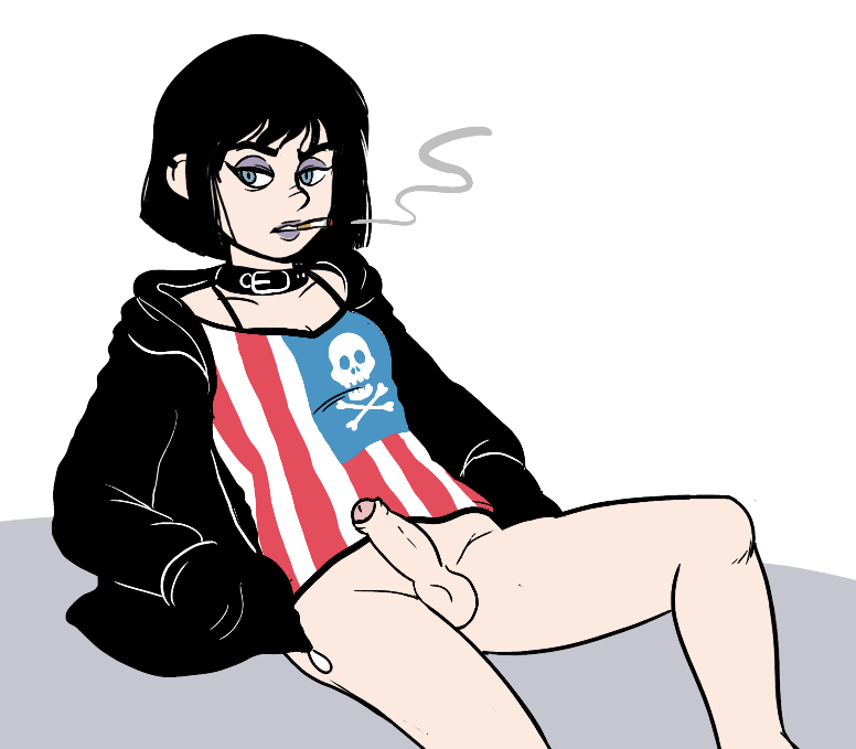 1futa black_jacket blue_eyes bottomless cigarette collar earring foreskin futanari half-dressed jacket makeup penis sesameseedfun short_hair skull skull_and_crossbones smoke smoking_cigarette solo tank_top