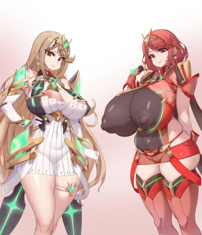 2girls, areola slip, areolae, big breasts, blonde hair, breasts, cleavage, core crystal, ear piercing, earrings, female, female only, hair, hand on hip, huge breasts, large breasts, legwear, long hair, multiple females, multiple girls, mythra, mythra (xenoblade), nipple bulge, nipples, nipples visible through clothing, pyra, pyra (xenoblade), red eyes, red hair, saikura noushu, skimpy, skimpy clothes, thick thighs, thighs, xenoblade (series), xenoblade chronicles 2, yellow eyes