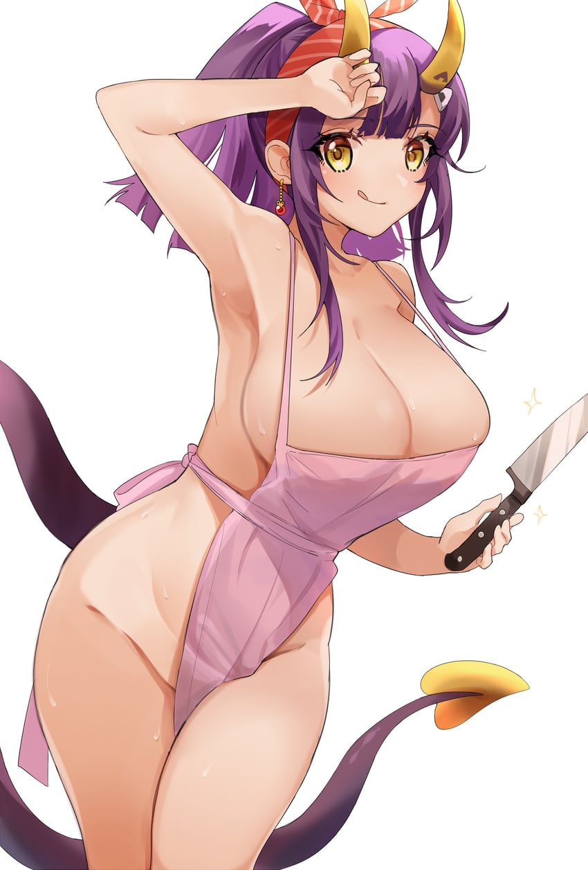 1girls 2023 apron breasts cleavage hair_ornament half_naked hi_res horns jewelry large_breasts long_hair onigiri_(vtuber) pencilanon ponytail purple_hair simple_background solo standing tail tongue_out virtual_youtuber yellow_eyes