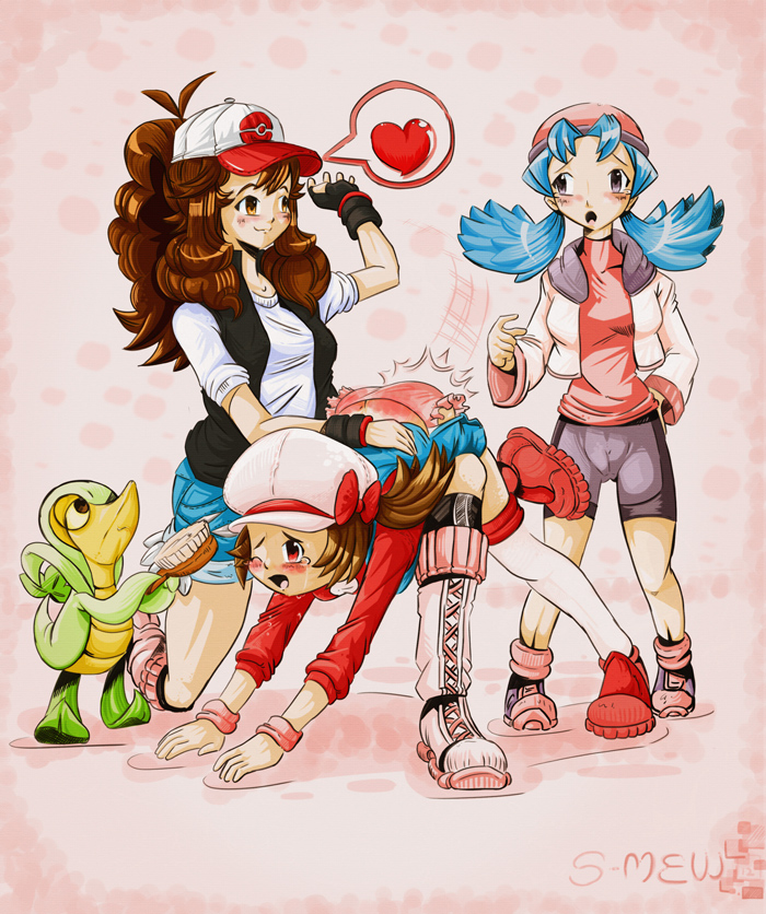 3girls hilda_(pokemon) kris_(pokemon) lyra_(pokemon) multiple_girls over_the_knee over_the_knee_spanking pokémon_(species) pokemon pokemon_(species) smallmew snivy spanked spanking