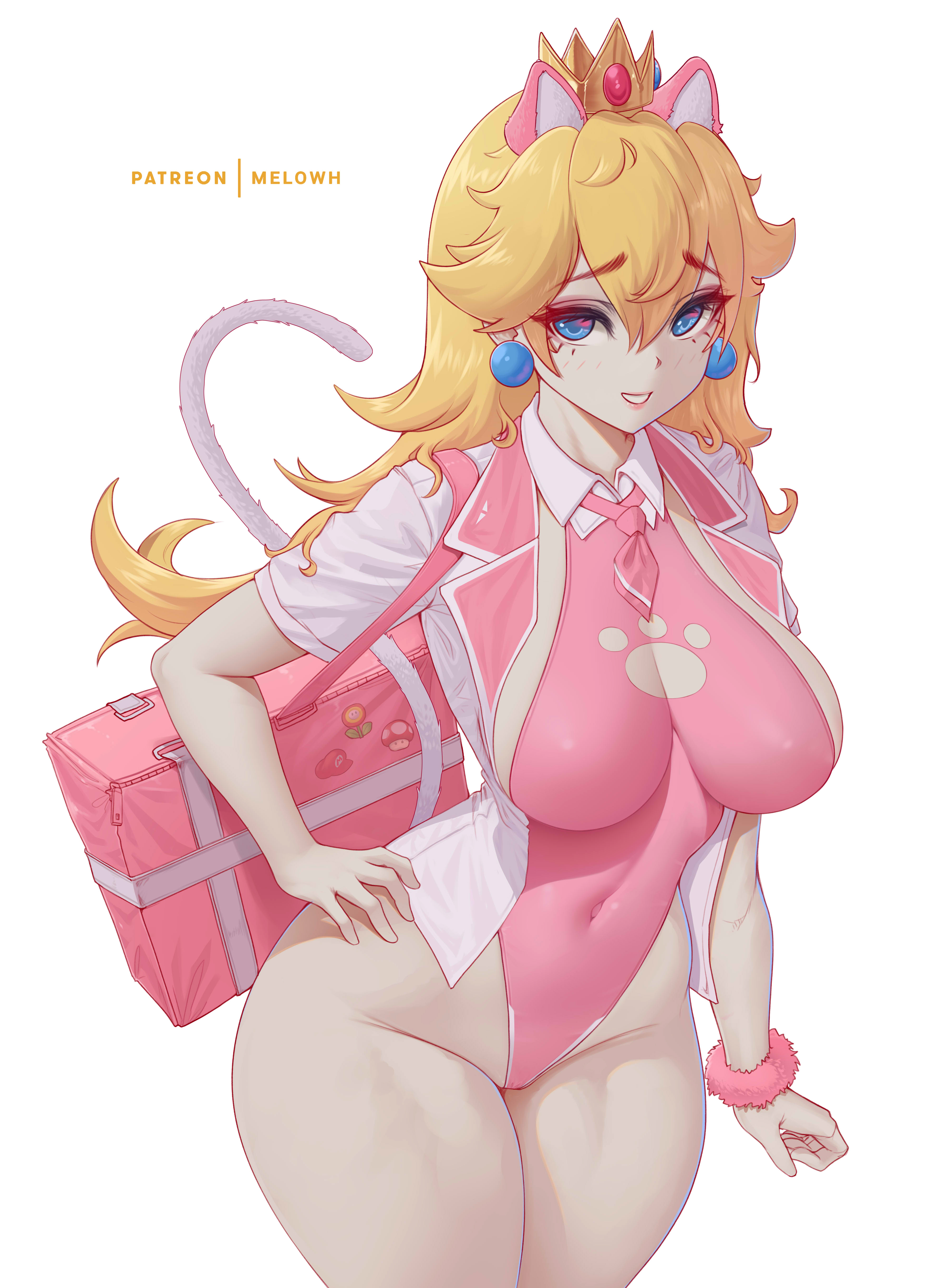 1girls, animal ears, blonde hair, blue eyes, breasts, cat ears, cat girl, cat tail, catgirl, clothing, female, female only, hand on hip, hi res, highleg, highleg leotard, hips, large breasts, leotard, long hair, looking at viewer, mario (series), melowh, nintendo, open clothes, pink leotard, princess peach, simple background, smile, solo, standing, tail, thick thighs, thighs, white background, wide hips