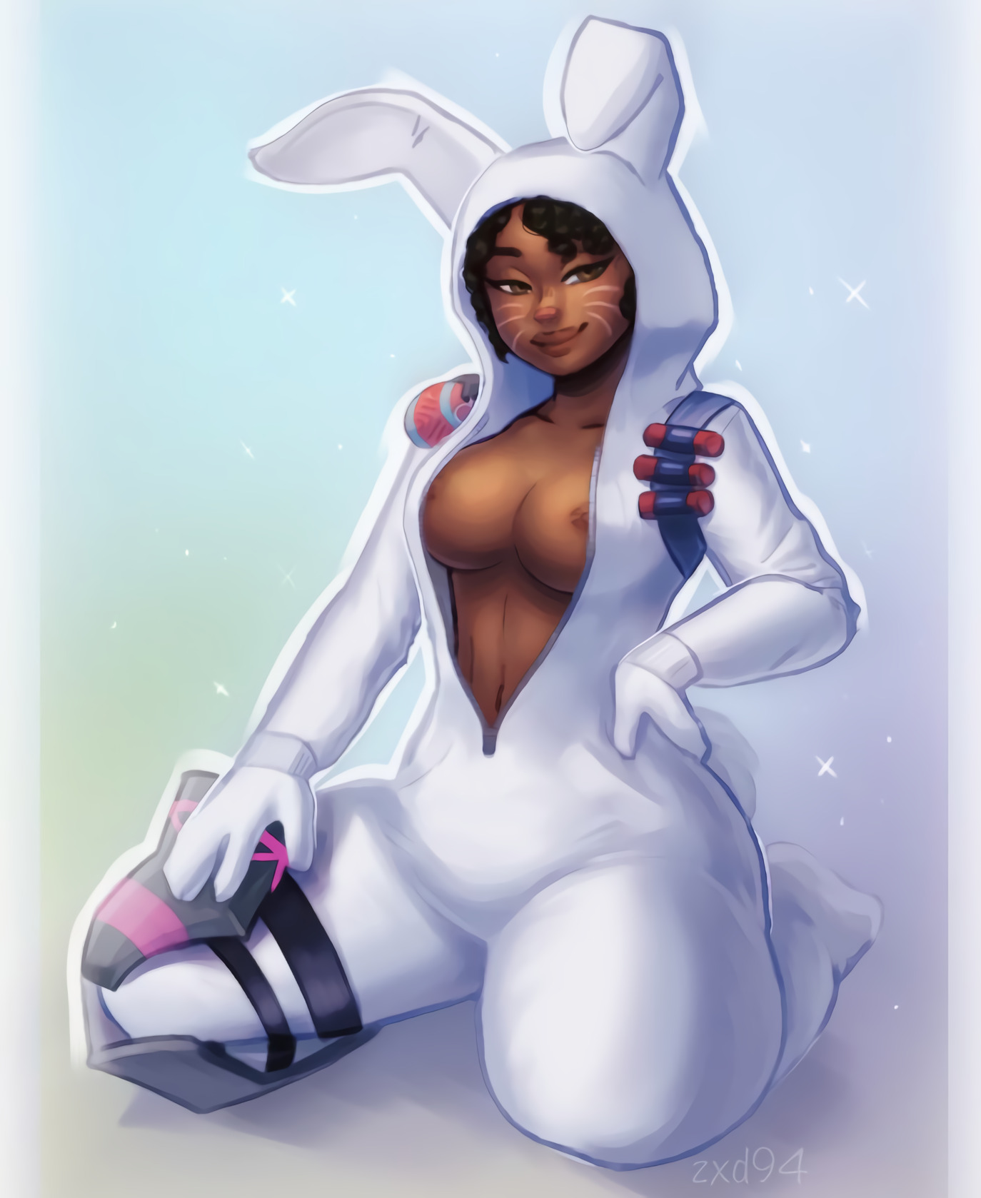 1girls, 2d, 2d (artwork), absurd res, areola, areolae, artist name, artist signature, ass, athletic, athletic female, bare breasts, bare midriff, bedroom eyes, big ass, big breasts, big butt, big thighs, black hair, breasts, brown areola, brown eyes, brown lips, brown lipstick, brown nipples, bubble ass, bubble butt, bunny, bunny brawler, bunny costume, bunny ears, bunny girl, bunny tail, bunnysuit, busty, casual, casual exposure, casual nudity, chest, cleavage, clothes, clothing, curly hair, curvaceous, curvy, curvy female, curvy figure, dark hair, dark skin, dark-skinned female, digital drawing (artwork), digital media (artwork), epic games, exposed, exposed breasts, exposed nipples, exposed torso, eyebrows, eyebrows raised, eyelashes, facepaint, fat ass, fat butt, female, female only, fit, fit female, fortnite, fortnite: battle royale, functionally nude, functionally nude female, glistening, glistening body, glistening breasts, glistening skin, gloves, half-closed eyes, hand on hip, hand on knee, handwear, hoodie, huge ass, huge breasts, huge butt, huge thighs, human, inner sideboob, knee pads, kneeling, kneeling female, large thighs, lips, lipstick, looking at viewer, makeup, mascara, naked, naked female, narrowed eyes, naughty face, naughty smile, navel, navel line, nipples, no bra, nude, nude female, on knees, open clothing, outline, partially clothed, partially clothed female, pose, posing, presenting, presenting breasts, raised eyebrows, seductive, seductive eyes, seductive look, seductive smile, shiny breasts, shiny skin, short tail, smile, smiling at viewer, smirk, smirking, smirking at viewer, smooth skin, solo, solo female, sparkles, tail, thick thighs, thighs, topless, topless female, voluptuous, voluptuous female, whisker markings, white gloves, white handwear, white outline, zxd94