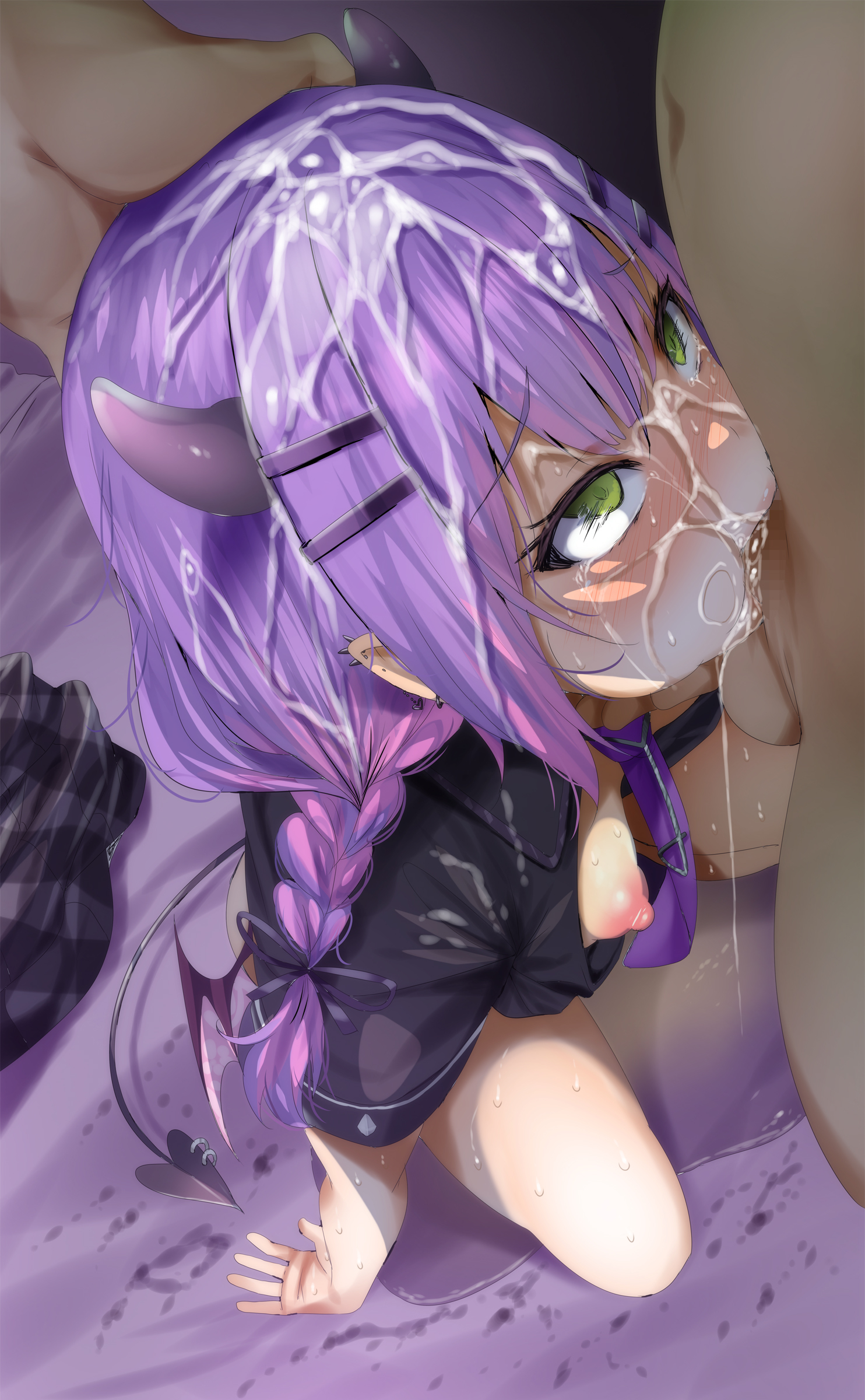 1boy, 1girls, age difference, all the way to the base, balls, balls deep, balls deep fellatio, blowjob, braided hair, braided ponytail, braided twintails, cum in mouth, cum in throat, cum on face, cute, deepthroat, demon, demon girl, demon horns, egirl, empty eyes, fellatio, female, fringe, fumihiko (pixiv2658856), gag, gagging, green eyes, head grab, holoforce, hololive, hololive japan, horn, innocent, light skin, light-skinned female, male, mouthful, oral, oral sex, pale skin, pale-skinned female, petite, pigtails, purple hair, saliva, skinny, sloppy, sloppy blowjob, sloppy deepthroat, teenager, throat fuck, throat grab, tight throat, tokoyami towa, twintails, violet hair, virtual youtuber, young