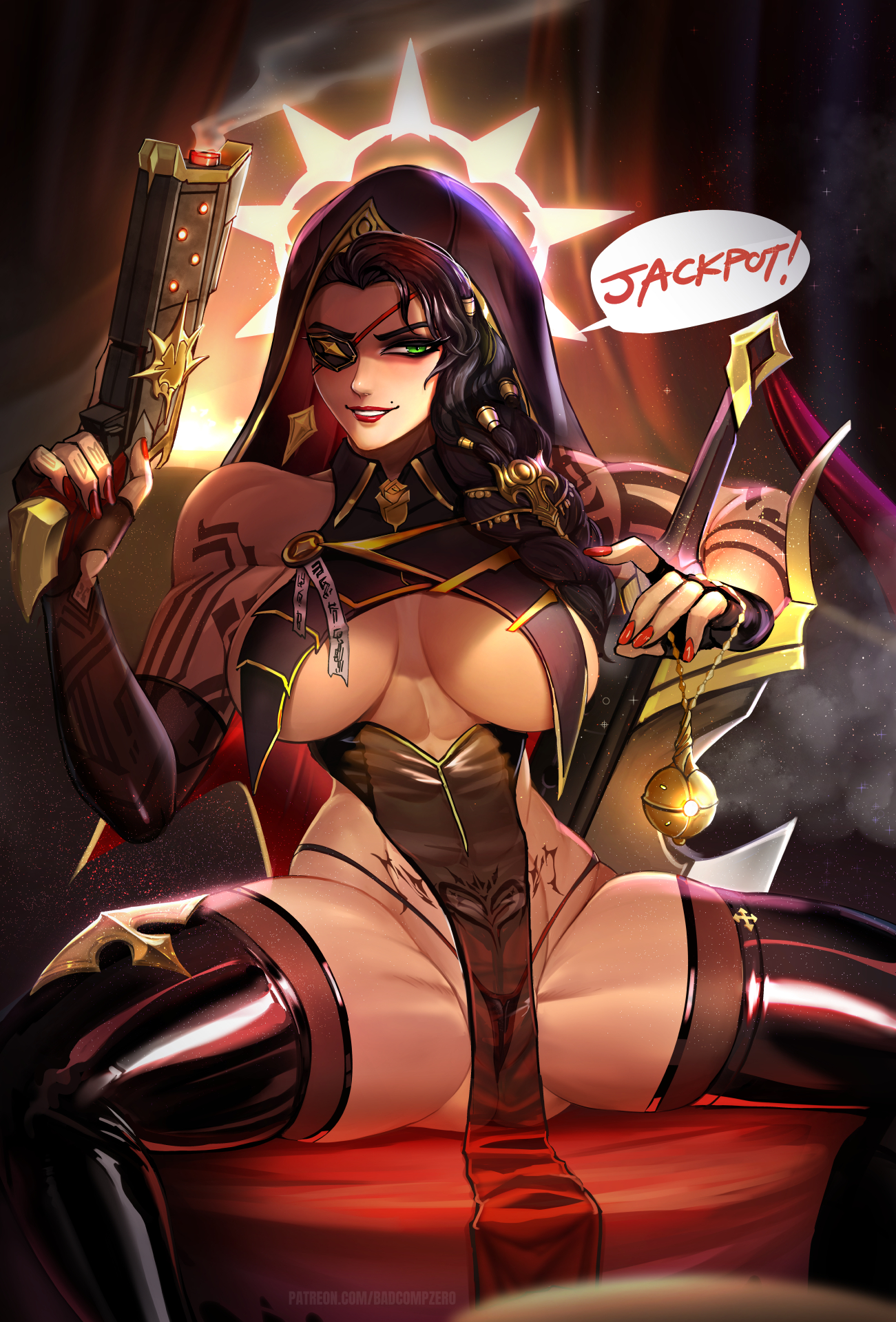 2023, ass, badcompzero, big ass, big butt, black hair, broken covenant samira, english text, eyepatch, female, green eyes, gun, halo, hi res, high resolution, highres, holding gun, hood, large ass, large butt, league of legends, league of legends: wild rift, legs apart, legs spread, light skin, light-skinned female, long hair, pubic tattoo, samira (league of legends), sitting, solo, solo female, solo focus, spread legs, tattoo, text, thick thighs