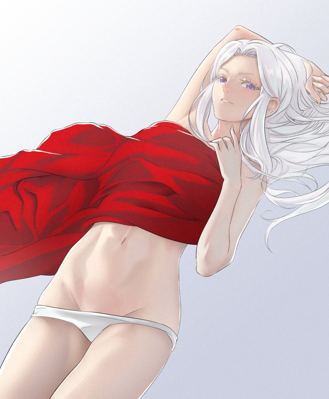 1girls, breasts, covering, covering breasts, edelgard von hresvelg, female, female only, fire emblem, fire emblem: three houses, grin, long hair, looking at viewer, nintendo, on back, panties, pomelomelon, purple eyes, smile, solo, topless, underwear, white hair, white panties