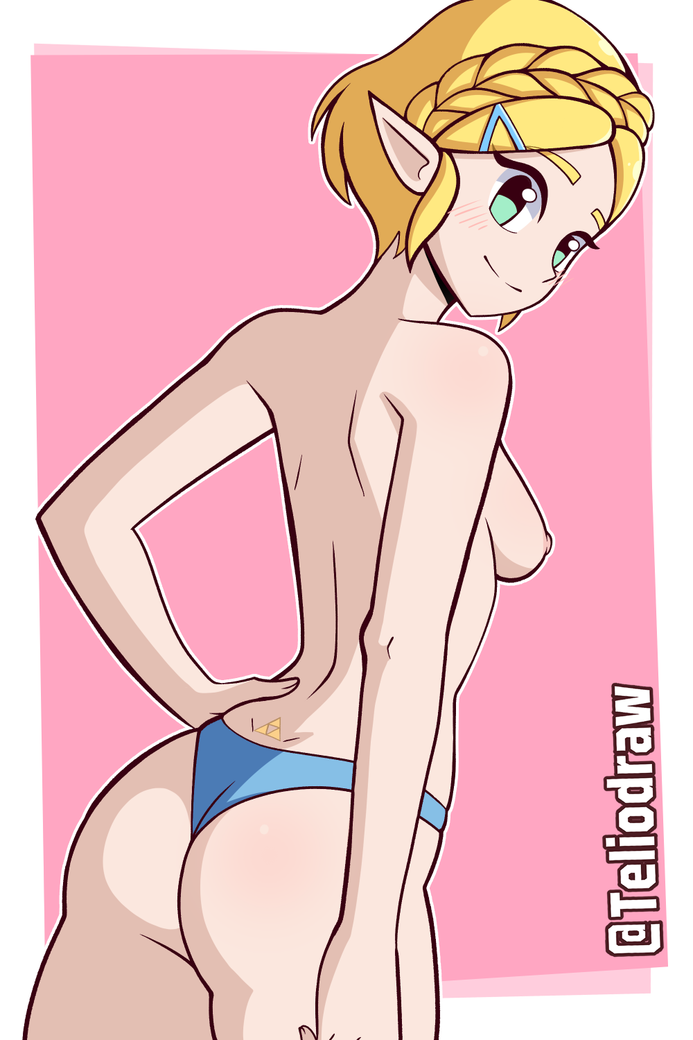 1girls ass blonde_hair blue_panties blue_thong blush breasts female female_only green_eyes hand_on_hip looking_at_viewer looking_back nipples panties pointy_ears princess_zelda small_breasts smile solo standing tattoo tears_of_the_kingdom teliodraw the_legend_of_zelda thong topless tramp_stamp zelda_(tears_of_the_kingdom)