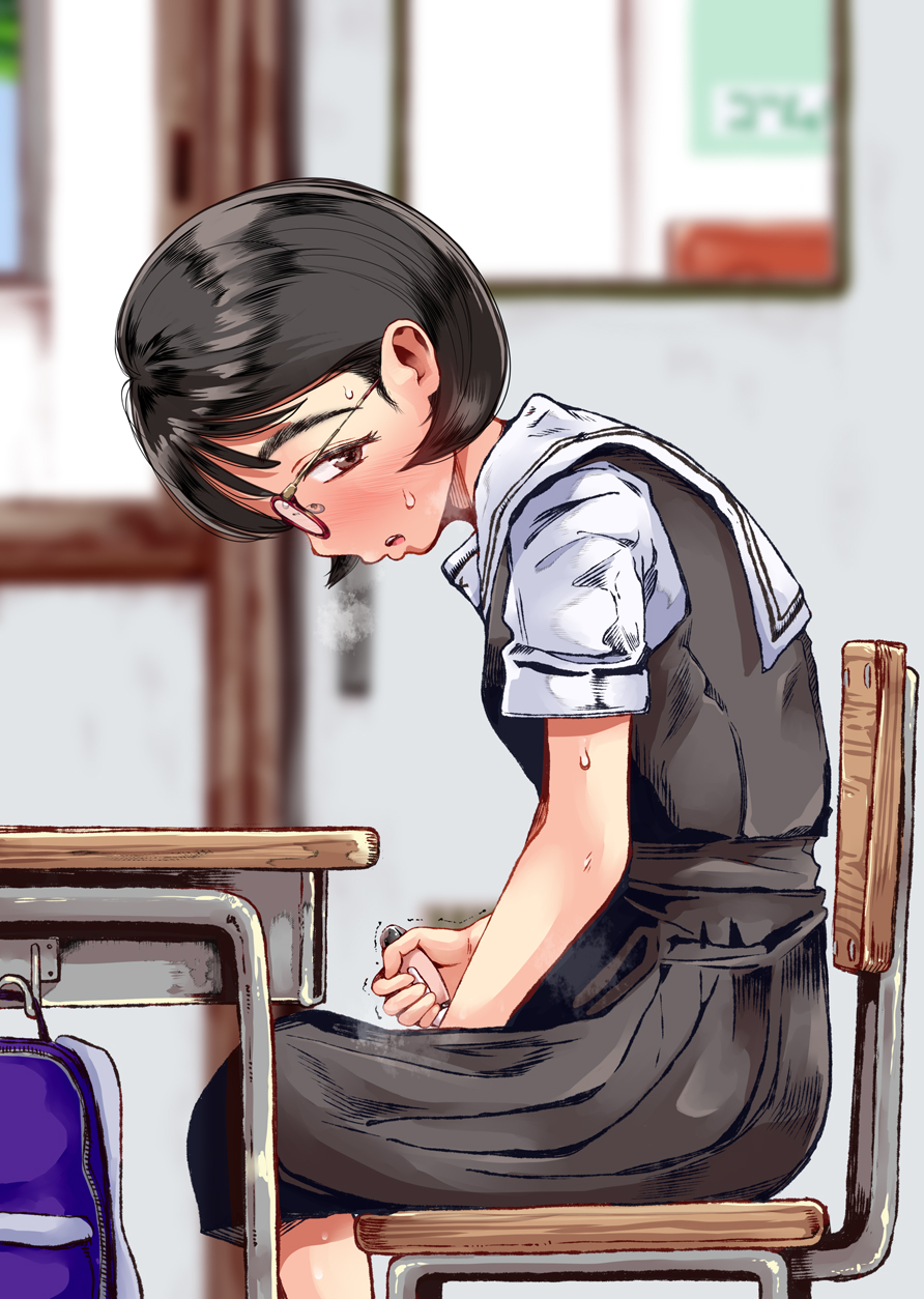 1girls backpack backpack_removed bag black_hair black_shirt black_skirt blush brown_eyes chair desk female female_masturbation female_only glasses highres indoors masturbation masturbation_through_clothing roku-jou school_desk school_uniform serafuku sex_toy shirt short_hair sitting skirt small_breasts solo sweat vibrator