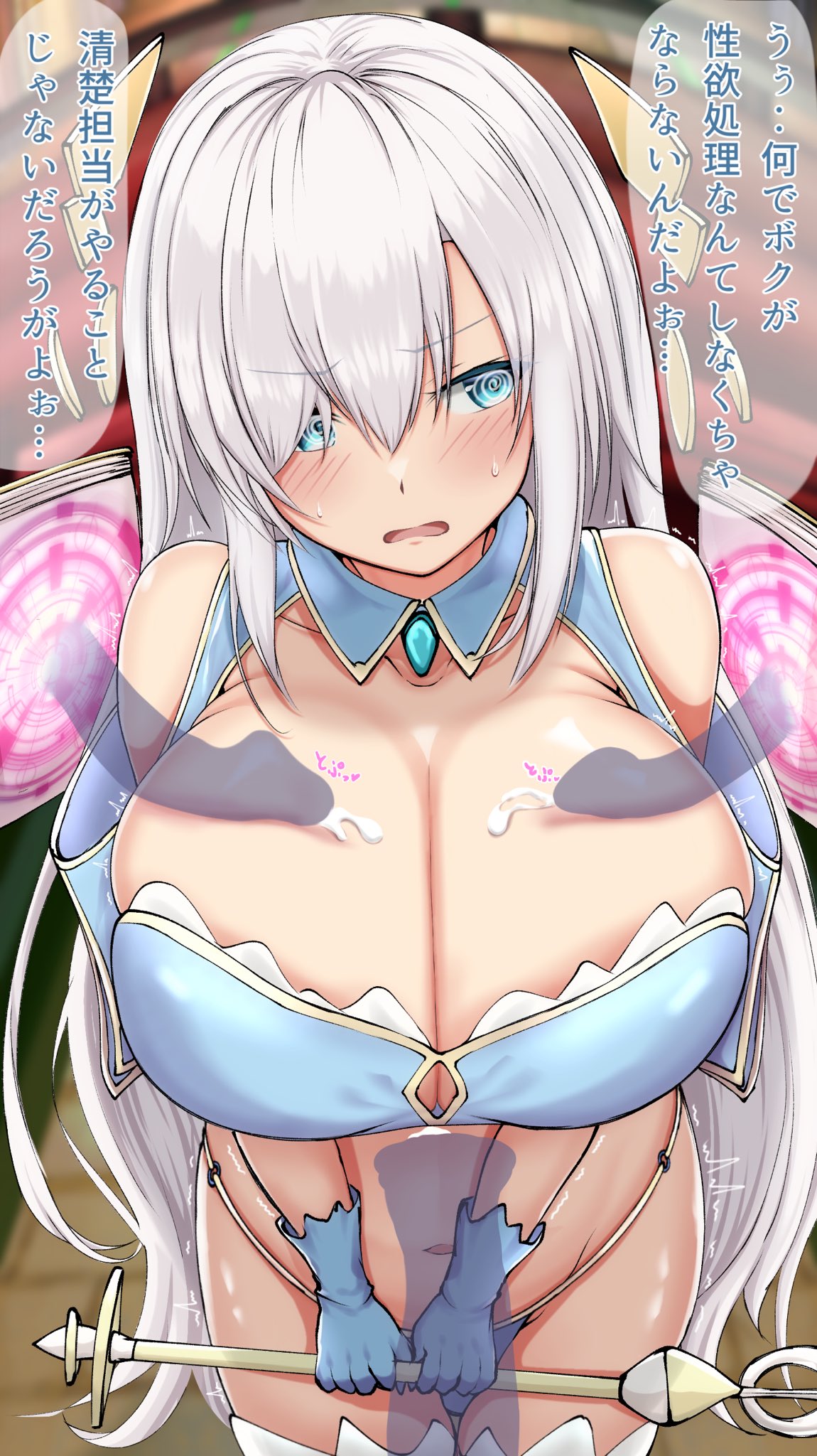 1girls 2boys @_@ alternate_breast_size aqua_eyes ars_almal big_breasts blush breasts cleavage cum cum_on_body cum_on_breasts disembodied_penis fatetan female gigantic_breasts gloves grey_hair hair_between_eyes highres huge_breasts large_breasts long_hair magic magic_circle midriff navel nijisanji open_mouth penis straight thighhighs translation_request very_long_hair virtual_youtuber wand white_thighhighs