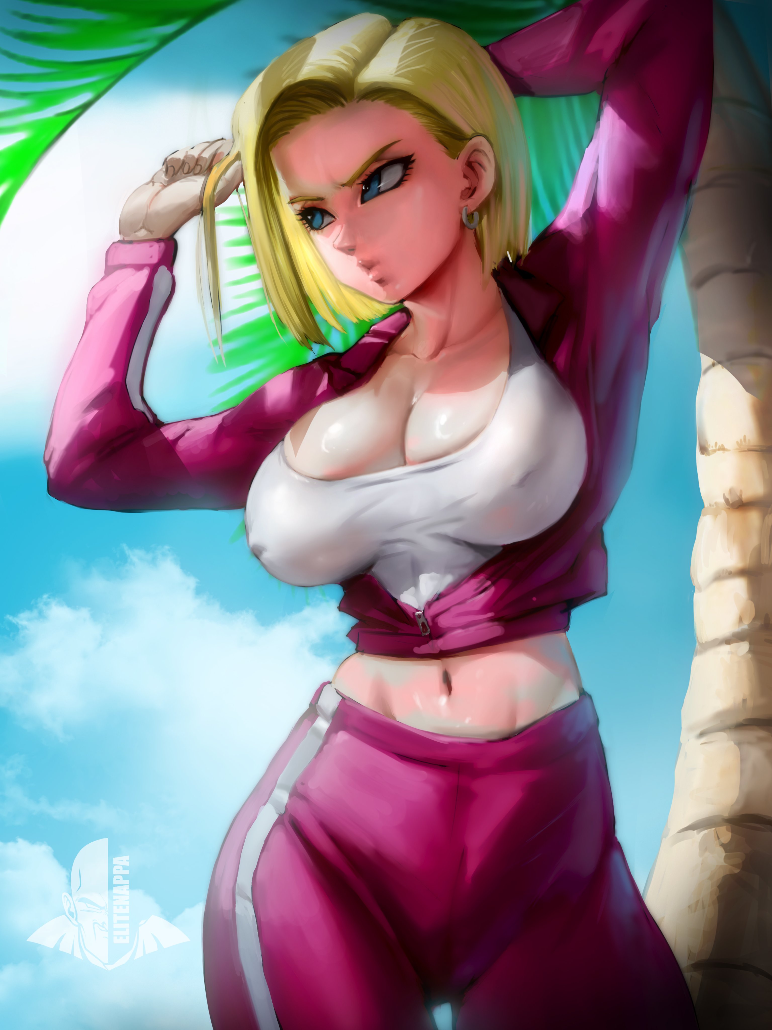 1girls, android 18, blonde hair, breasts, cleavage, clothing, dragon ball, dragon ball super, ear piercing, earrings, elitenappa, female, female only, jumpsuit, nipple bulge, piercing, shirt, solo, thick thighs, wide hips