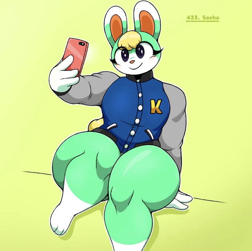 animal_crossing femboy male nintendo omegabrawl phone rabbit sasha_(animal_crossing) selfie thick_thighs wide_hips