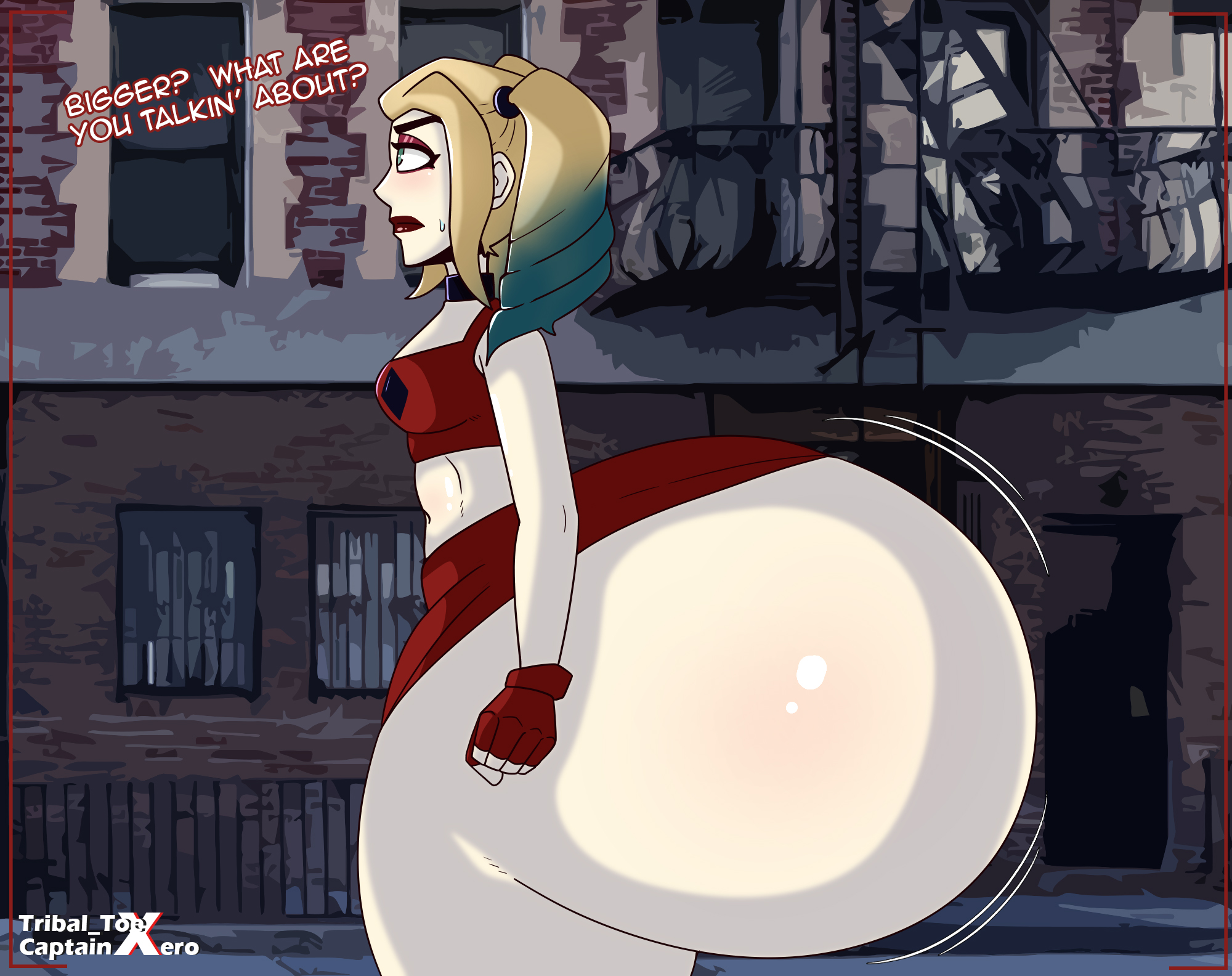 1girls, 2023, ass, ass expansion, batman (series), bottom heavy, captainxero, dc, dc comics, female, gigantic ass, harley quinn, huge ass, hyper ass, ill fitting clothing, massive ass, oblivious, thick thighs, tribal toe, unaware