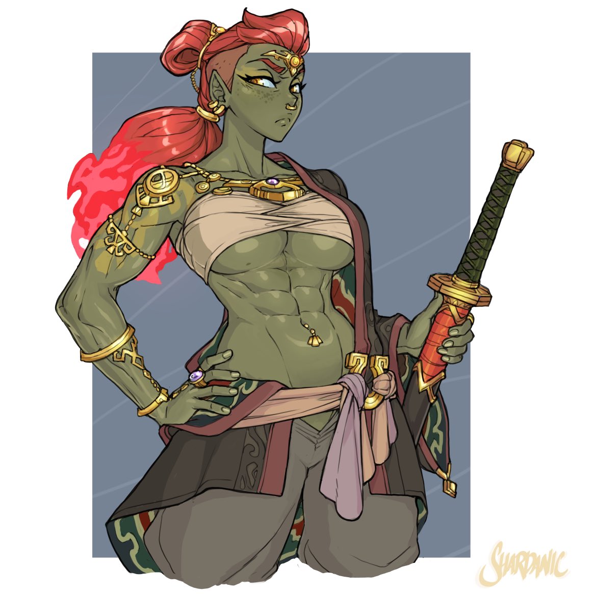 1girls abs bandaged_chest bandages digital_art digital_drawing_(artwork) digital_media_(artwork) digital_painting_(artwork) female female_only freckles ganda ganondorf genderswap_(mtf) gerudo green_skin hand_on_hip jewelry long_hair looking_at_viewer muscular muscular_female nintendo nose_ring pointy_ears ponytail red_hair ring ring_(jewelry) rule_63 shardanic shaved_head solo sword tears_of_the_kingdom the_legend_of_zelda underboob yellow_eyes