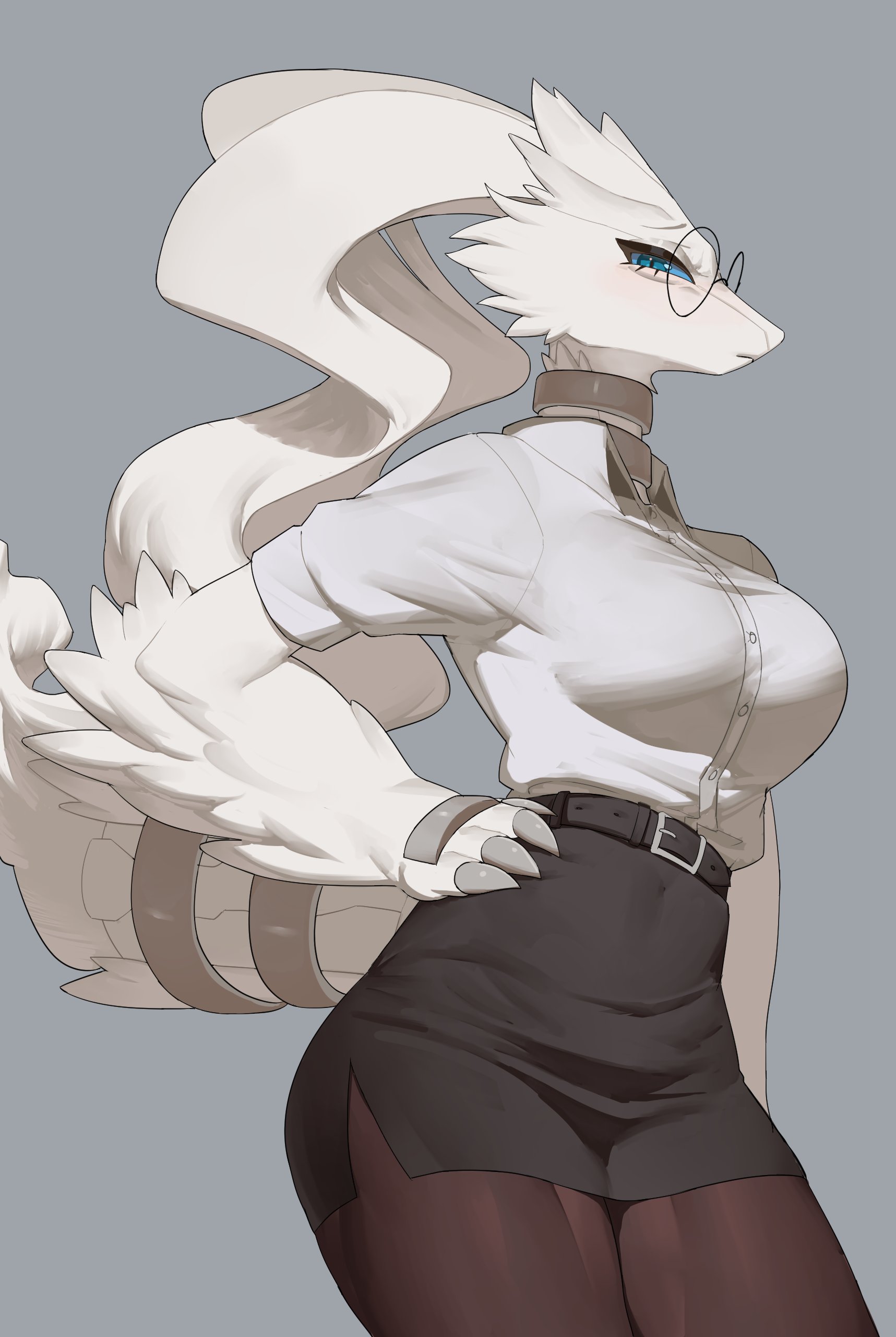 1girls, 4 fingers, blue eyes, dragon, dragoness, female, female dragon, female only, female pokemon, generation 5 pokemon, glasses, hand on hip, hi res, legendary pokemon, looking at viewer, narrowed eyes, nintendo, office lady, pantyhose, pokémon (species), pokemon, pokemon (species), reshiram, round glasses, side view, simple background, skirt, solo, yawar