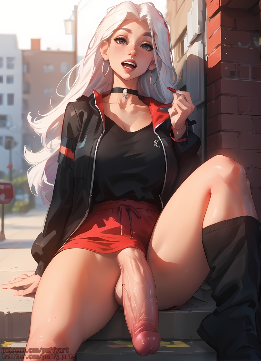 1futa ai_generated alley big_penis boots choker city dickgirl futa_only futanari gym_uniform huge_cock jacket large_penis lipstick open_mouth penis_slip penis_through_leghole puffyart short_shorts sitting solo solo_futa sportswear teeth thick_thighs thighs white_hair