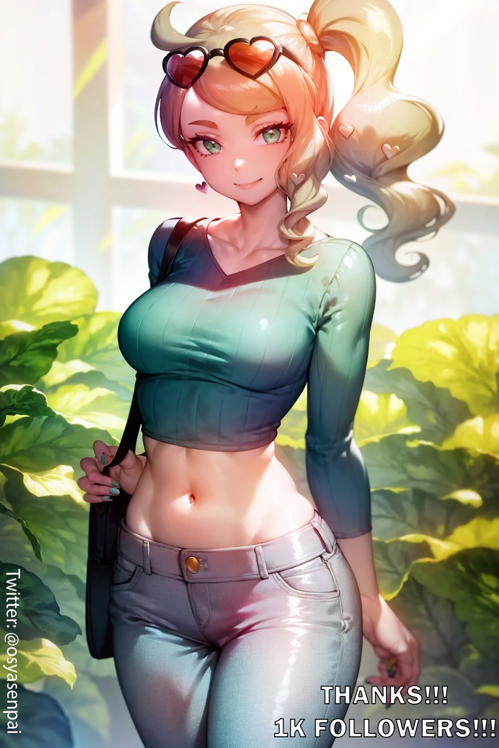 1girls, ai generated, breasts, exposed belly, eyewear on head, female, female only, game freak, green eyes, jeans, long hair, medium breasts, nintendo, orange hair, osyasenpai, pokemon, pokemon ss, ponytail, smile, solo, sonia (pokemon), stable diffusion, sunglasses on head