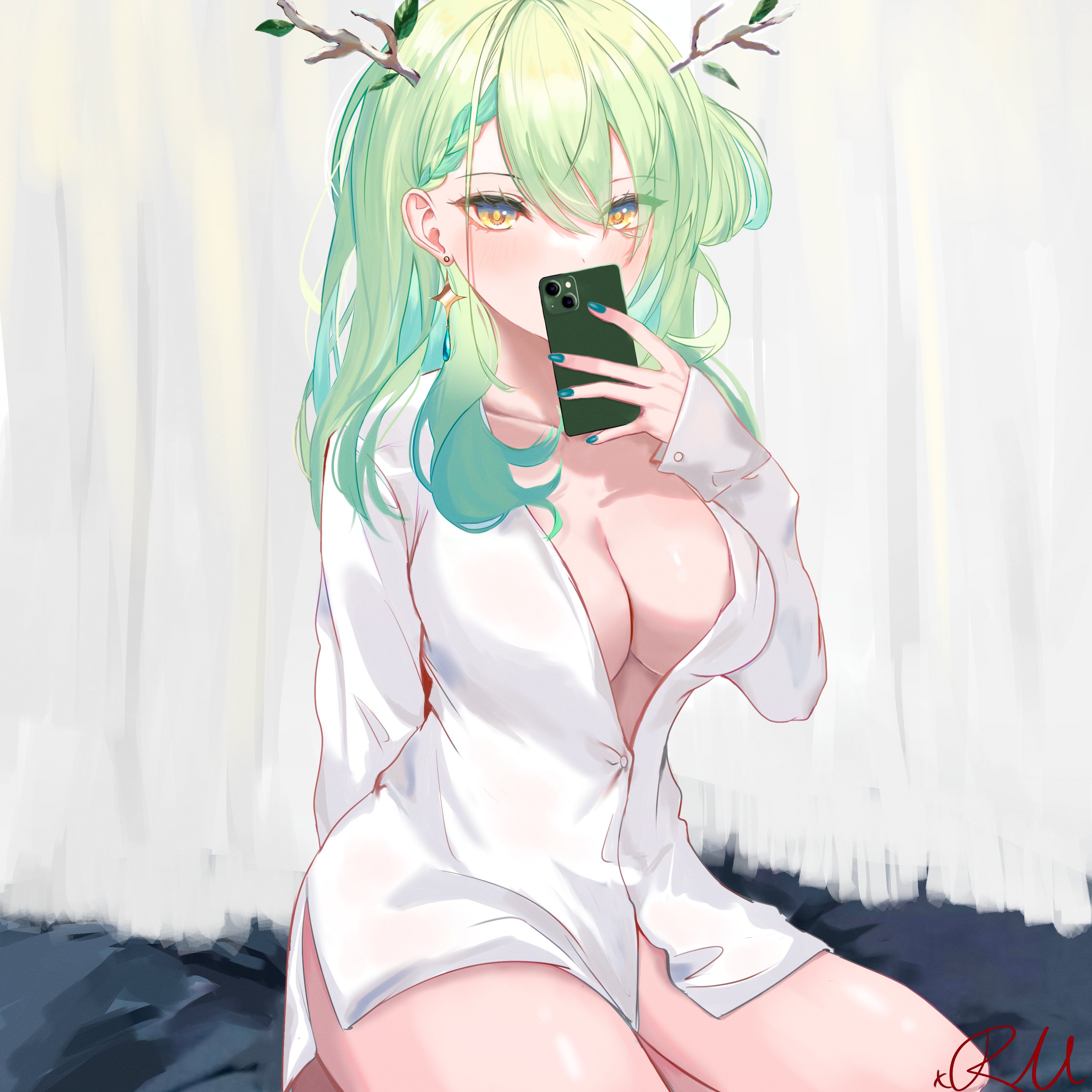 artist request, breasts, button down shirt, cellphone, ceres fauna, cleavage, female, female only, green hair, highres, hololive, hololive english, hololive english -council-, hololive english -promise-, seductive, solo, solo female, virtual youtuber, voluptuous, voluptuous female