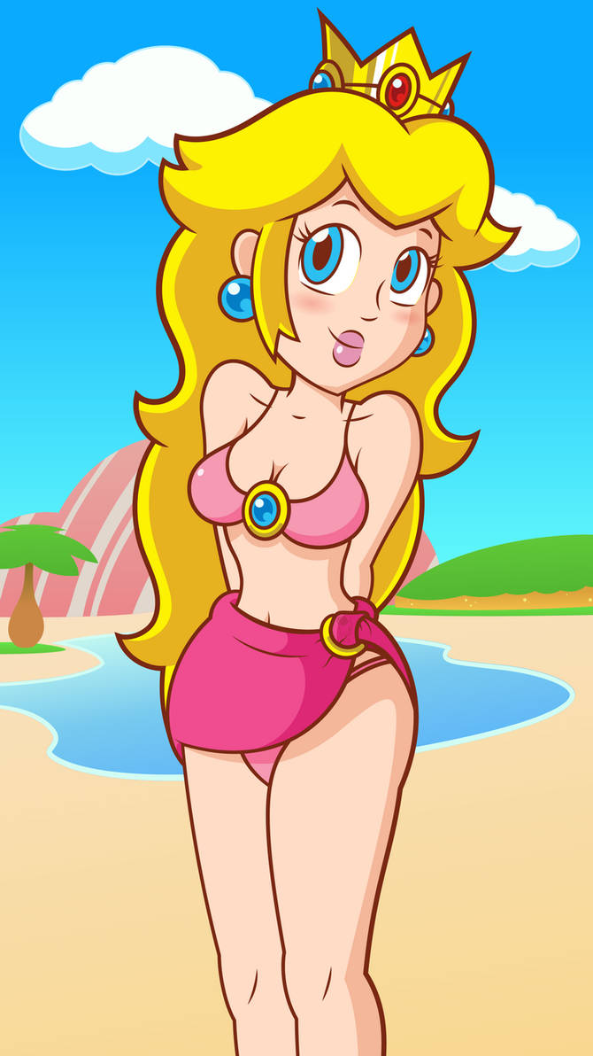 1girls arms_behind_back big_breasts bikini blonde_hair blue_eyes blush breasts busty cleavage female female_only large_breasts legs long_hair mario_(series) navel nintendo oasis pink_bikini pink_lips princess princess_peach sarong smile solo super_princess_peach swimsuit thighs thong_bikini tim_ropple