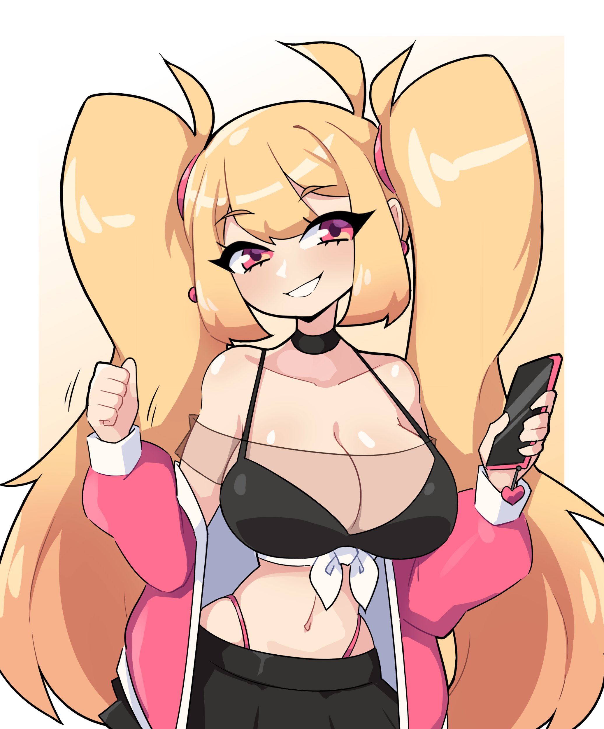 1girls, big breasts, black bra, blonde hair, bra, breasts, busty, cleavage, female, female only, j5daigada, large breasts, looking at viewer, microskirt, miniskirt, navel, open jacket, skirt, smile, tagme, tagme (character), thong, thong above skirt, thong straps, twintails, yellow hair