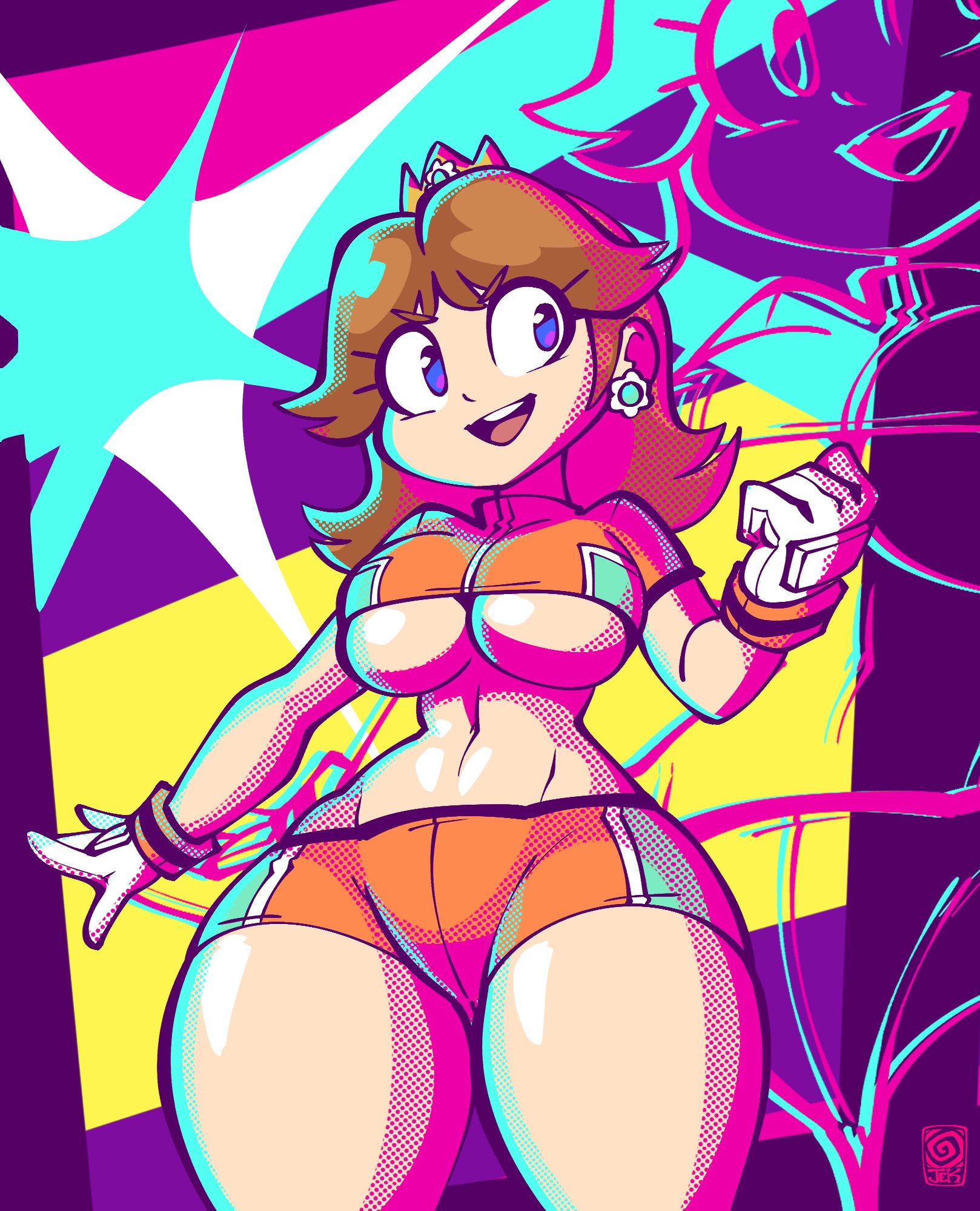 1girls, big breasts, big thighs, blue eyes, breasts, brown hair, crown, curvy, earrings, eyebrows visible through hair, female, female only, flower earrings, gloves, jek korpen, light skin, light-skinned female, mario (series), mario strikers, midriff, nintendo, open mouth, princess daisy, shirt, shorts, shoulder length hair, soccer uniform, solo, sportswear, tagme, thick, thick hips, thick thighs, thighs, underboob, wide hips