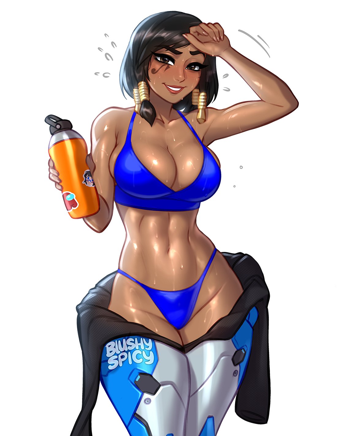 1girls among_us among_us_reference armor artist_name bikini blizzard_entertainment blue_bikini blush blushypixy blushyspicy brown_eyes brown_hair cleavage dark-skinned_female dark_skin facial_mark facial_tattoo female female_only flask hair_ornament hidden_amogus holding_drink looking_at_viewer overwatch overwatch_2 pharah plain_background smile solo solo_female sweat sweatdrop sweaty tattoo undressed water watermark white_background