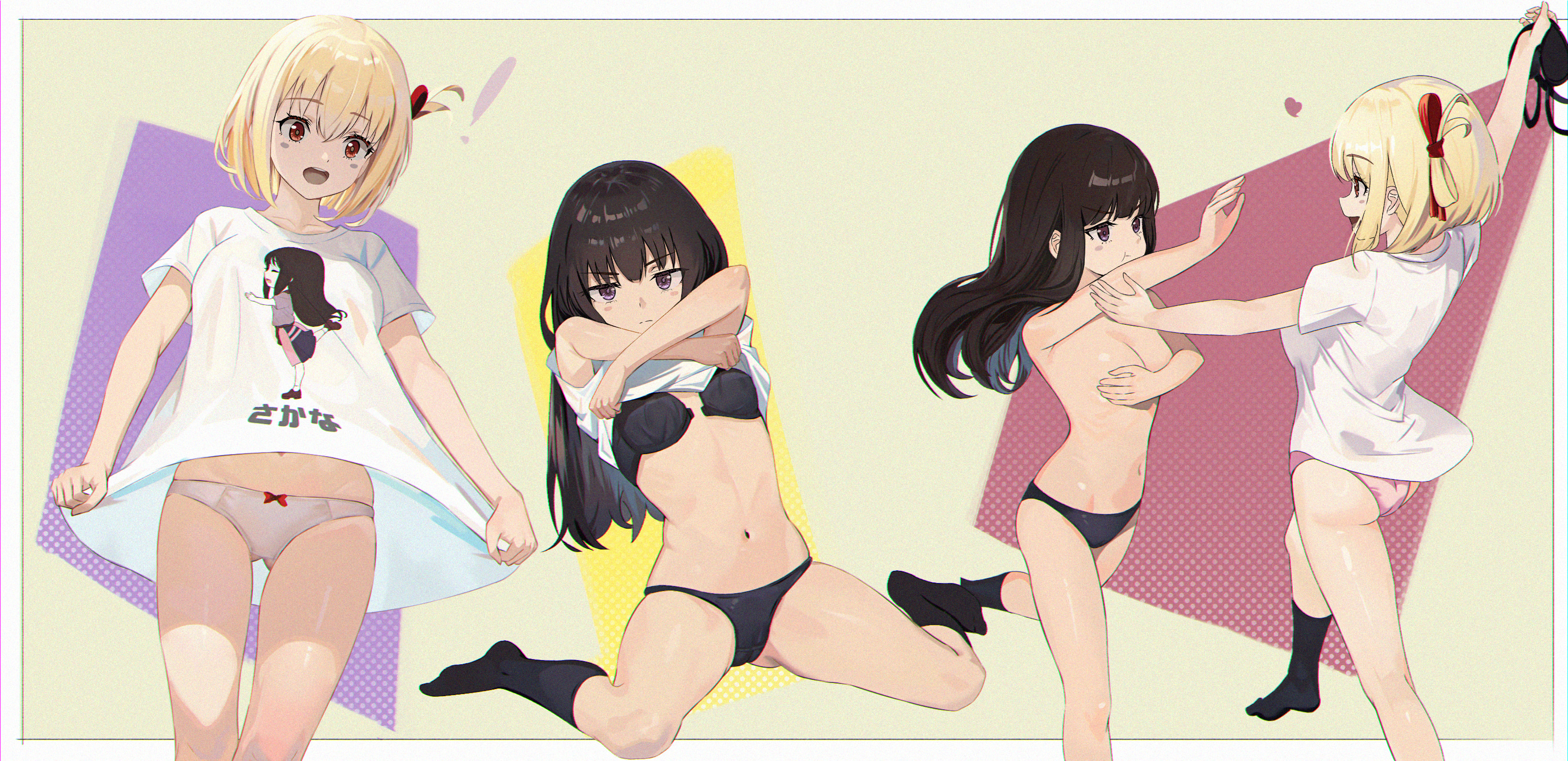 2girls, ass, black bra, black hair, black panties, blonde hair, breasts, clothed female nude female, covering breasts, edgar syu, female, female only, flustered, inoue takina, lesbian focus, lycoris recoil, nishikigi chisato, partially clothed, pink panties, purple eyes, red eyes, teasing, underwear, undressing, white panties, wholesome, yuri