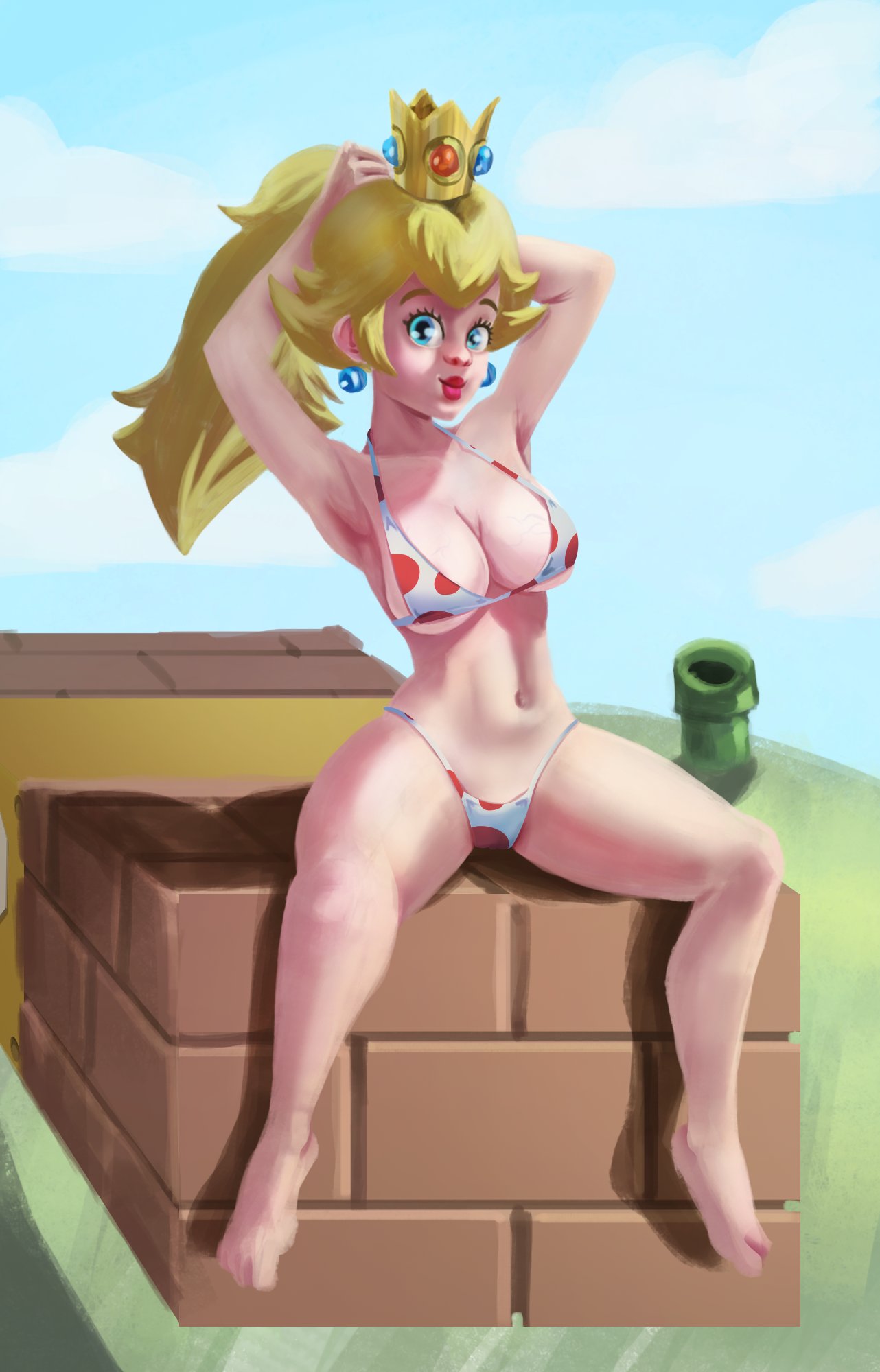 1girls alecssandersam armpits arms_behind_head big_breasts bikini blonde_hair blue_eyes breasts busty feet female female_only large_breasts legs long_hair looking_at_viewer mario_(series) navel nintendo outdoors pink_lips ponytail pose posing princess princess_peach sensual sexy_armpits sitting solo super_mario_bros. swimsuit thighs voluptuous warp_pipe