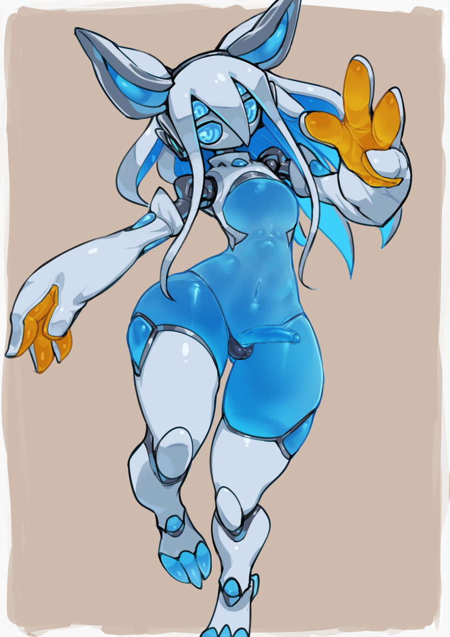 1boy, 4 eyes, android, animal ears, balls, black panties, black underwear, blue glans, blue hair, blue penis, blue skin, bunny ears, censored, erection, femboy, genderswap, genderswap (ftm), glans, hybrid, looking at viewer, male, mosaic censoring, multi eye, navel, no mouth, original, panties, penis, pochincoff, robot, rule 63, silver hair, testicles, translucent, two-tone hair, una (pochincoff), underwear, white hair