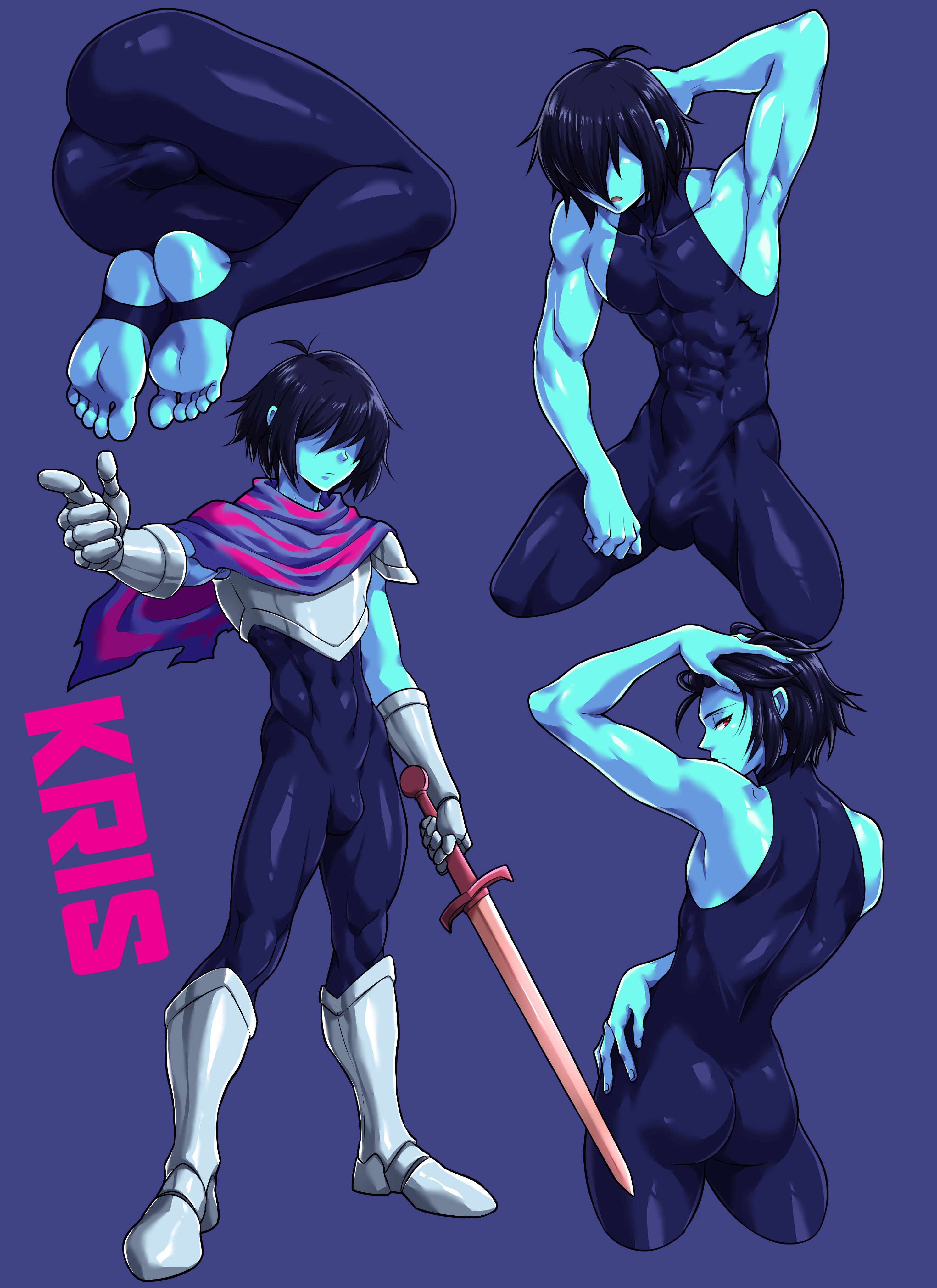 1boy, ass, balls, balls bulge, blue body, blue hair, blue skin, bodysuit, bulge, deltarune, feet, ichan, kris (deltarune), male, male focus, male only, muscles, penis, penis bulge, posing, presenting, presenting ass, presenting bulge, presenting hindquarters, presenting penis, solo, solo male, spandex, tight clothing, twink