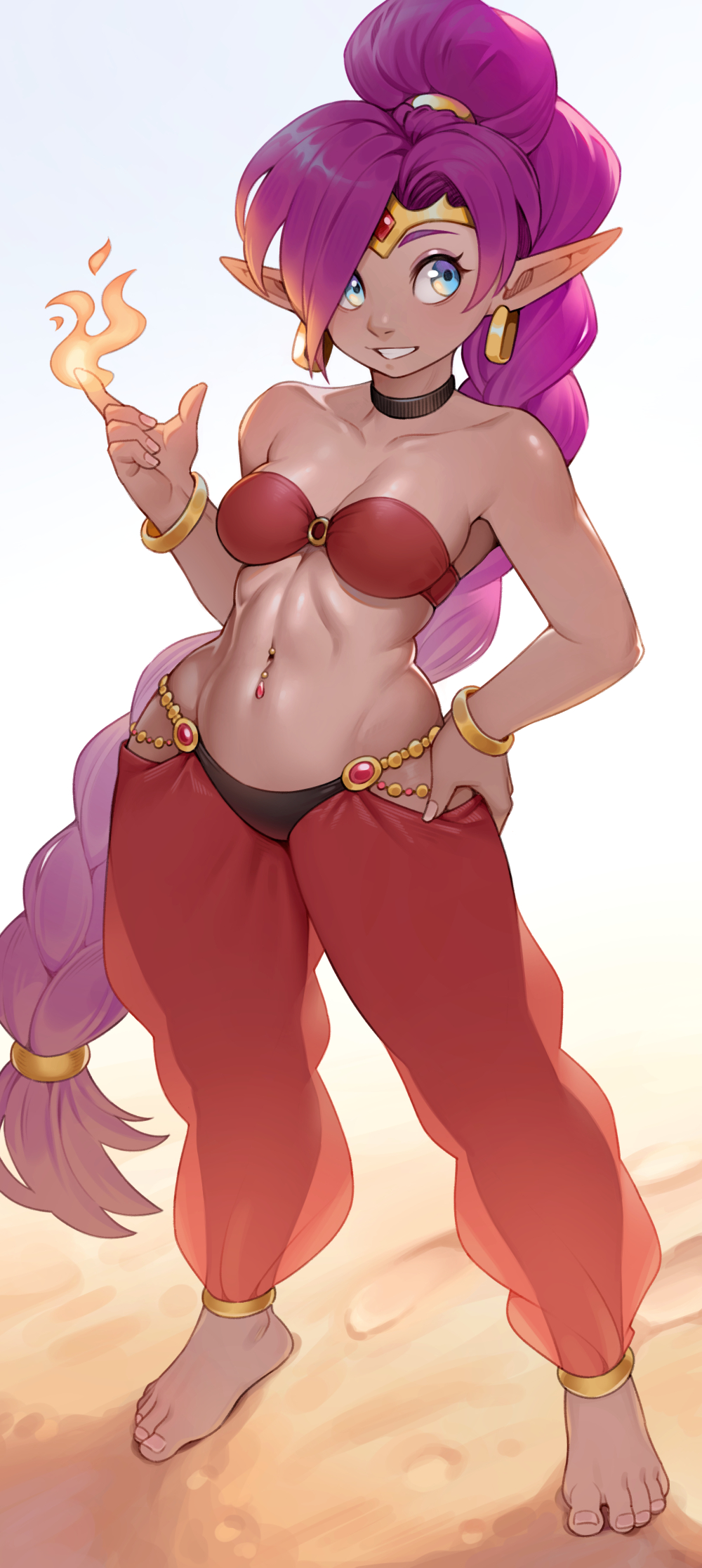 1girls blue_eyes bracelet braid braided_ponytail cheshirrr dark-skinned_female dark_skin elf_ears feet female female_only fire hand_on_hip legs long_hair navel navel_piercing piercing pointy_ears pose posing purple_eyes purple_hair shantae shantae_(character) smile smooth_skin thighs toned very_long_hair