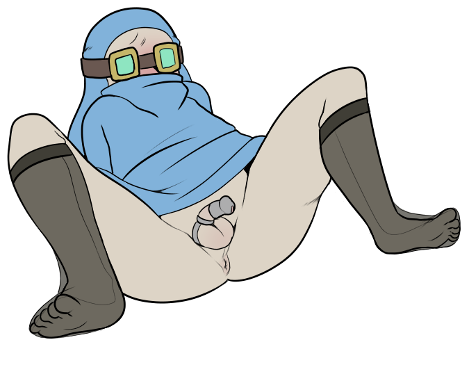 anus balls blush chastity chastity_cage embarrassed feet goggles hiding_face kankore male male_only obscured_eyes obscured_face penis rhythm_heaven robe saltwater_(rhythm_heaven) sheer_legwear stockings taint