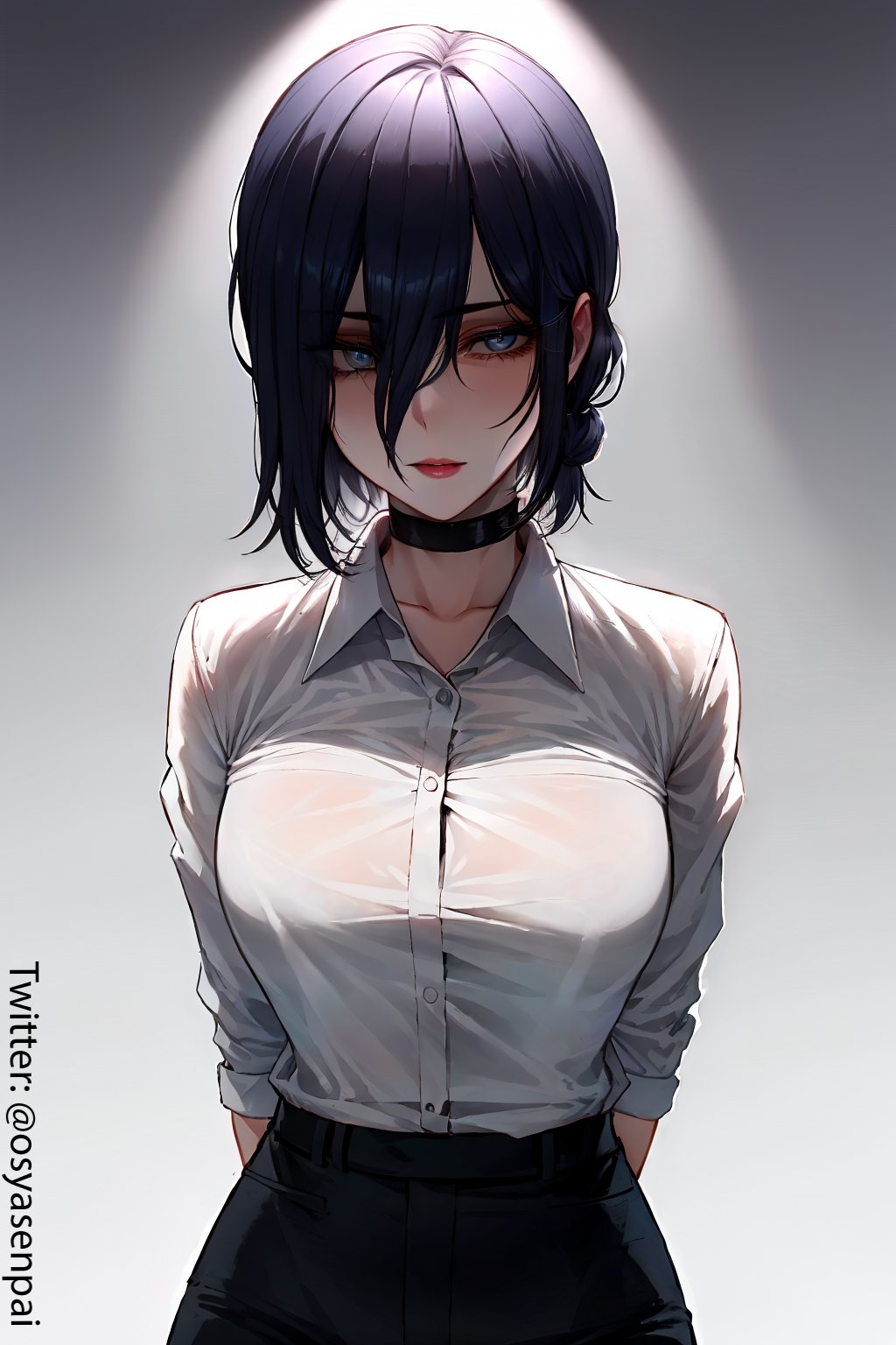 1girls, ai generated, big breasts, black hair, blue eyes, breasts, chainsaw man, choker, dark hair, female, female only, looking at viewer, medium hair, osyasenpai, reze (chainsaw man), solo, stable diffusion, tight clothing