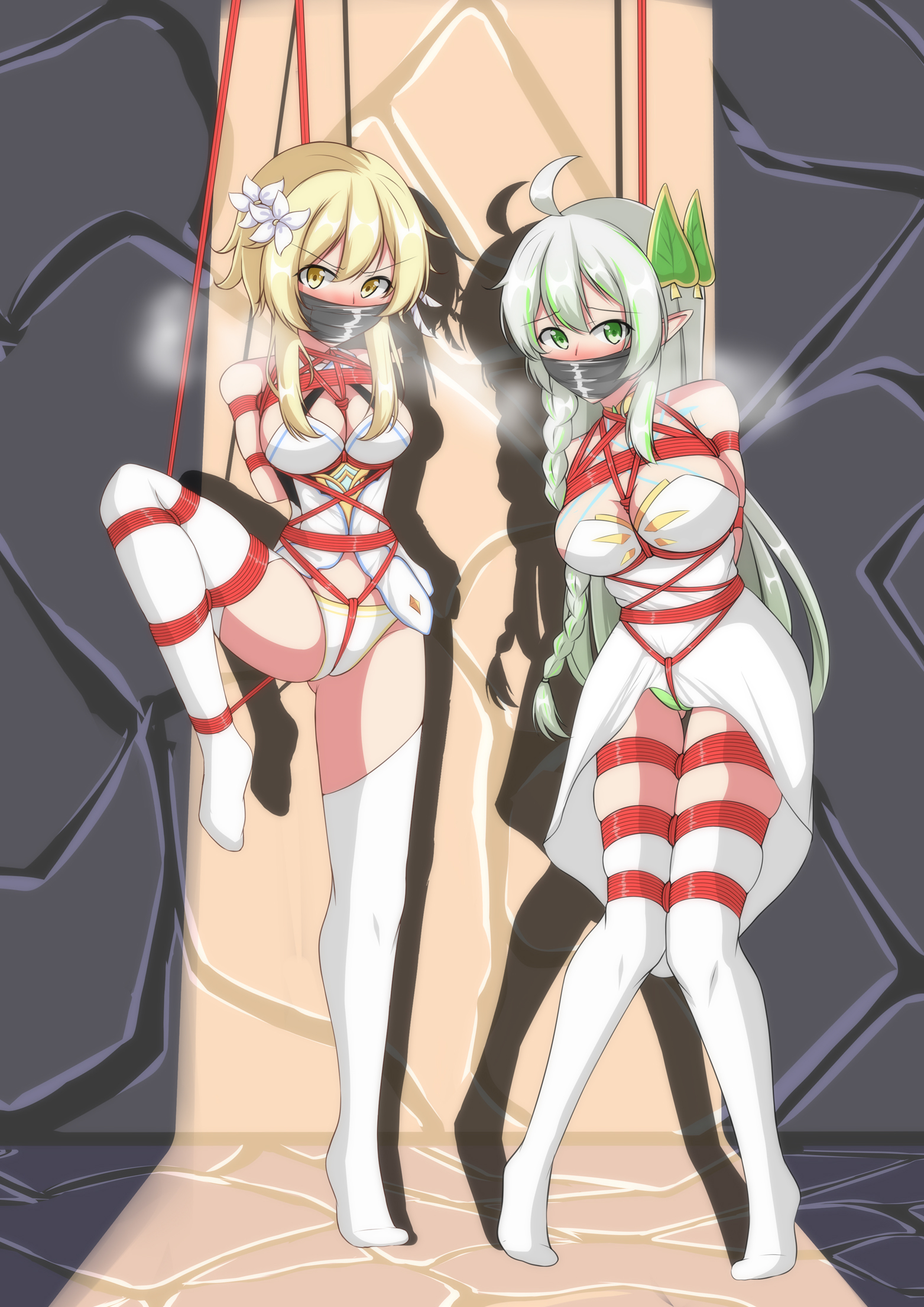 2girls, arms behind back, behind door, blonde hair, blush, bondage, breast bondage, breasts, crotch rope, defiant, embarrassed, female, female only, flower in hair, genshin impact, goddess, green eyes, green panties, hair ornament, knees together feet apart, large breasts, leg lift, long hair, looking at viewer, lumine (genshin impact), nahida (genshin impact), panties, rukkhadevata (genshin impact), shadow, shibari, socks, tape gag, thigh socks, thighhighs, upskirt, white hair, white panties, white socks, white thighhighs, yellow eyes