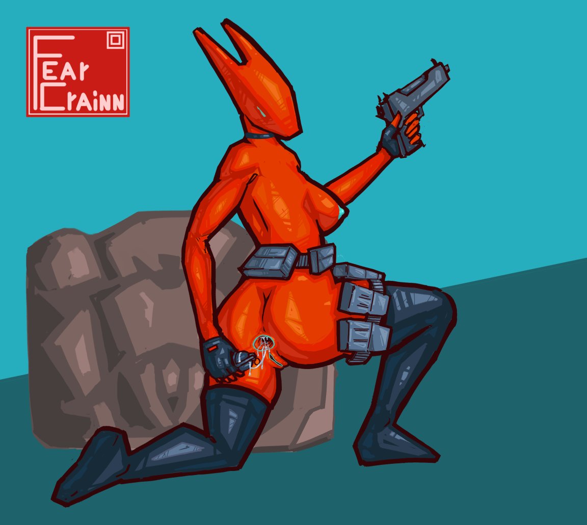 ammo_belt anal anal_insertion anal_juice anal_juice_drip anal_object_insertion anal_penetration anal_storage anus ass ass_focus belt casual cover fcrainn firearm gaping_anus gloves gun handgun legwear pistol pussy simple_shading stockings tactical_nudity valkyr_(warframe) warframe weapon