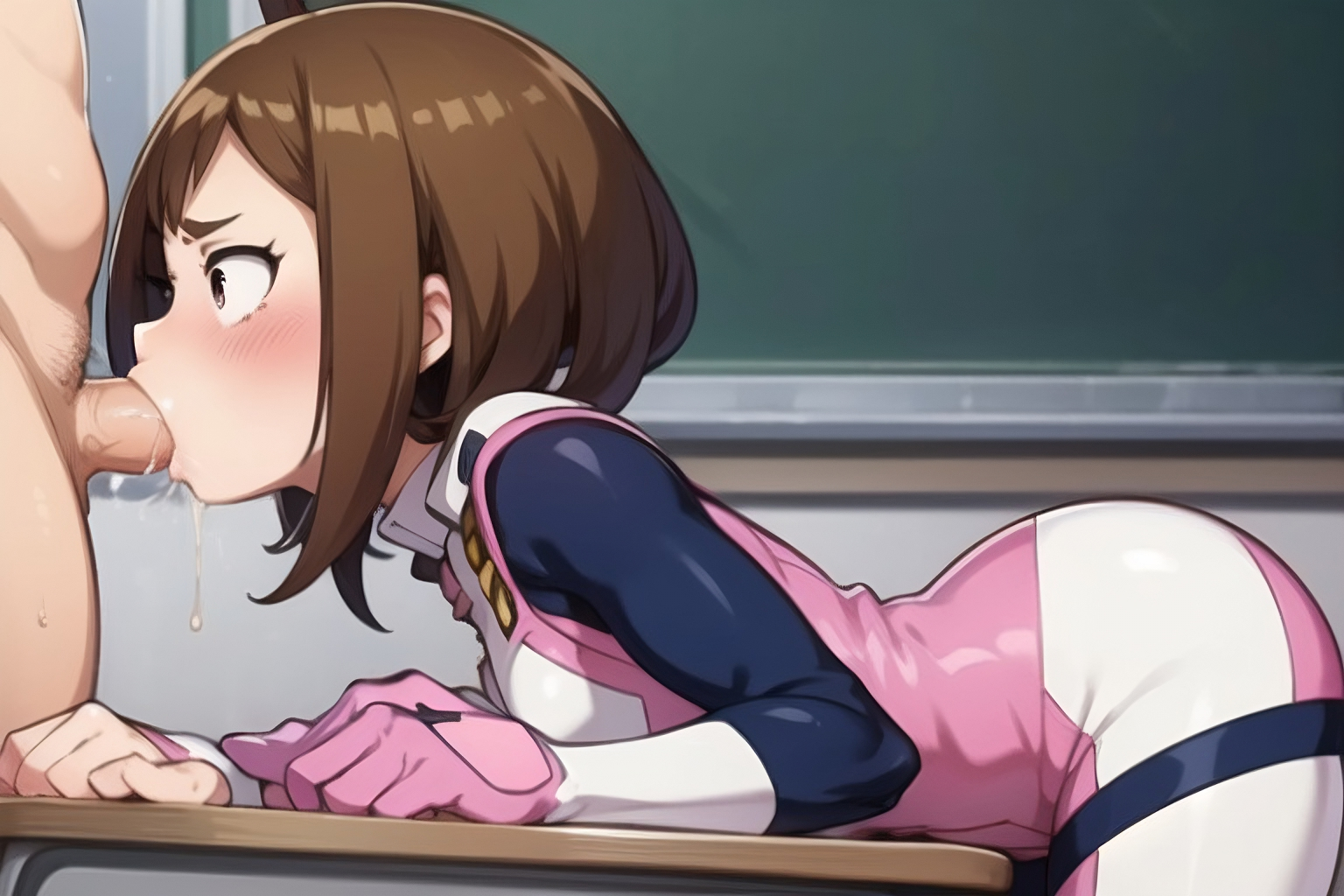 ai generated, bent over, blowjob, bodysuit, classroom, deepthroat, fellatio, female, indoors, leaning forward, male, my hero academia, ochako uraraka, ochako uraraka (hero outfit), oral, oral sex, penis, saliva, sex, sucking, sucking penis, surprised