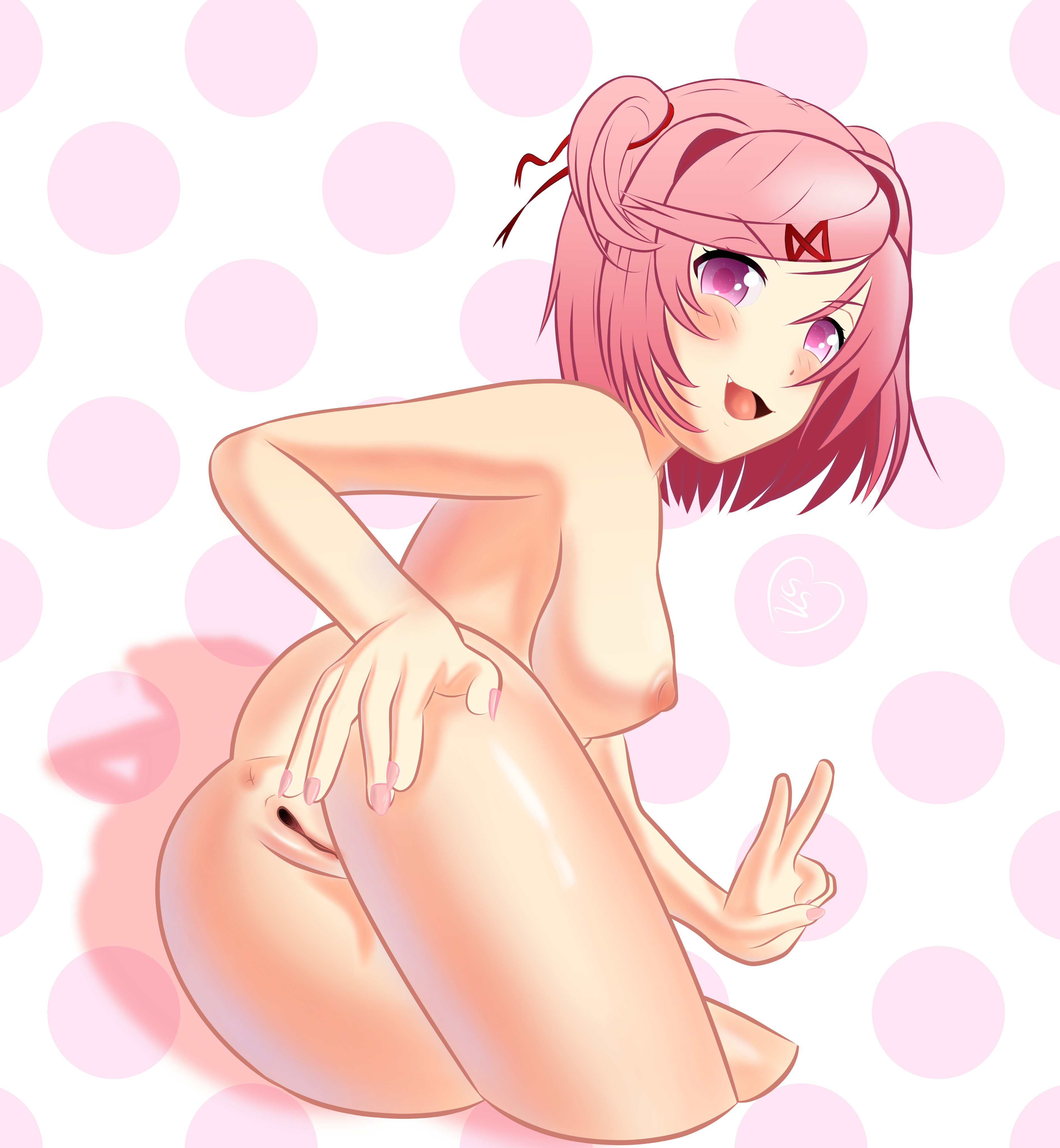 1girls, anus, areolae, ass, breasts, doki doki literature club, female, female only, looking at viewer, looking back, naked, naked female, natsuki (doki doki literature club), nipples, nude, open mouth, open smile, peace sign, pink eyes, pink hair, pink nipples, presenting, presenting hindquarters, presenting pussy, presenting vagina, pussy, scribblyatnight, smile, solo, solo female, v, v sign, vulva