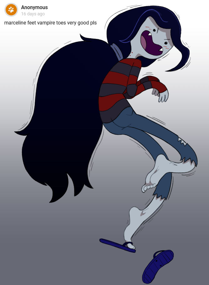 1girls accurate_art_style adventure_time ass blush cartoon_network creeping fangs feet female_focus foot_fetish fully_clothed levitation long_hair looking_at_another lowres mannysdirt marceline ponytail request ripped_pants sandals slender solo solo_female solo_focus stuttering sweater toes vampire