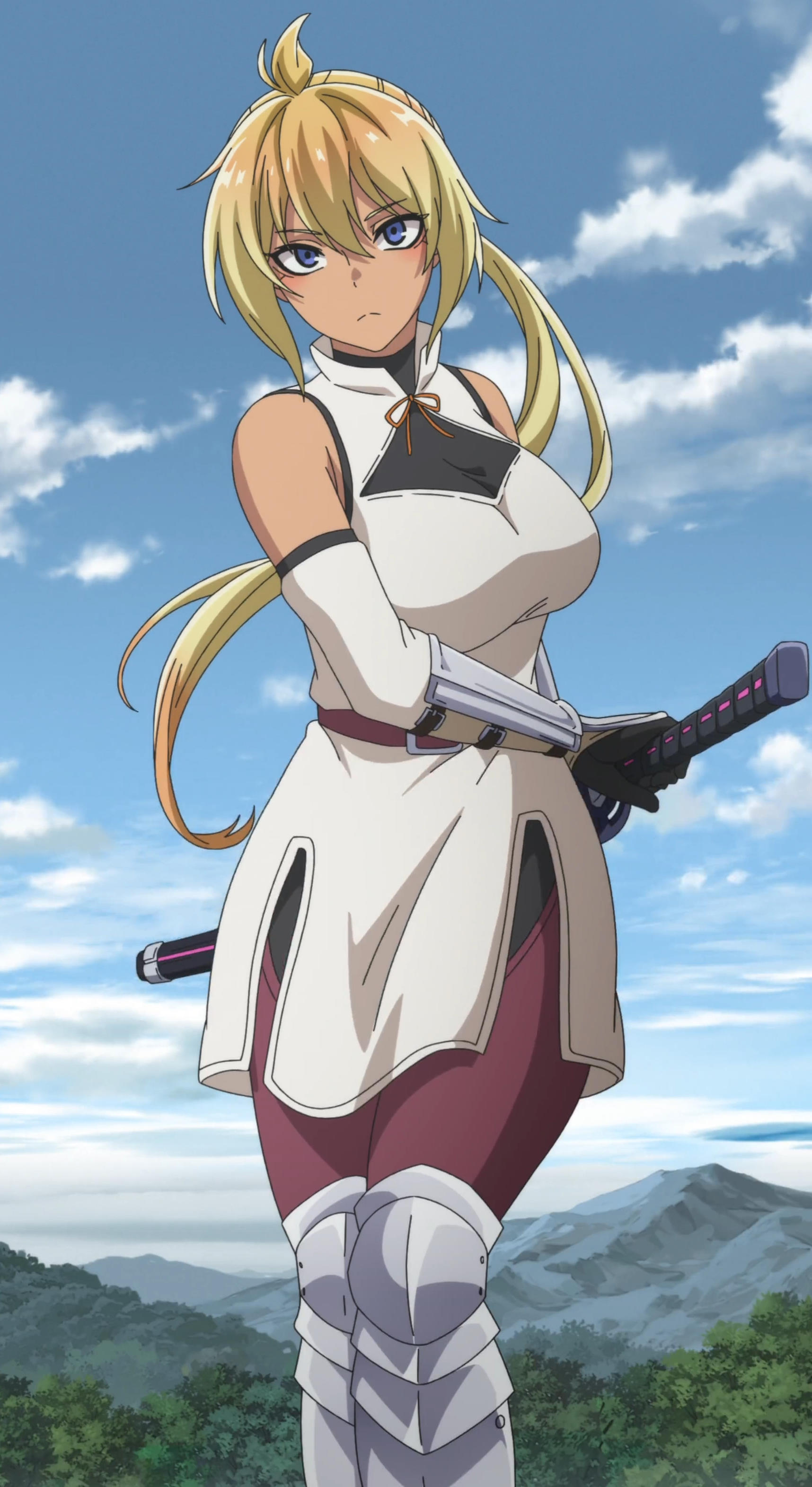1girls, 2023, bertrand (kamikatsu), blonde hair, blue eyes, breasts, clothing, female, hips, kaminaki sekai no kamisama katsudou, large breasts, official art, screencap, stitched, studio palette, thick thighs, thighs
