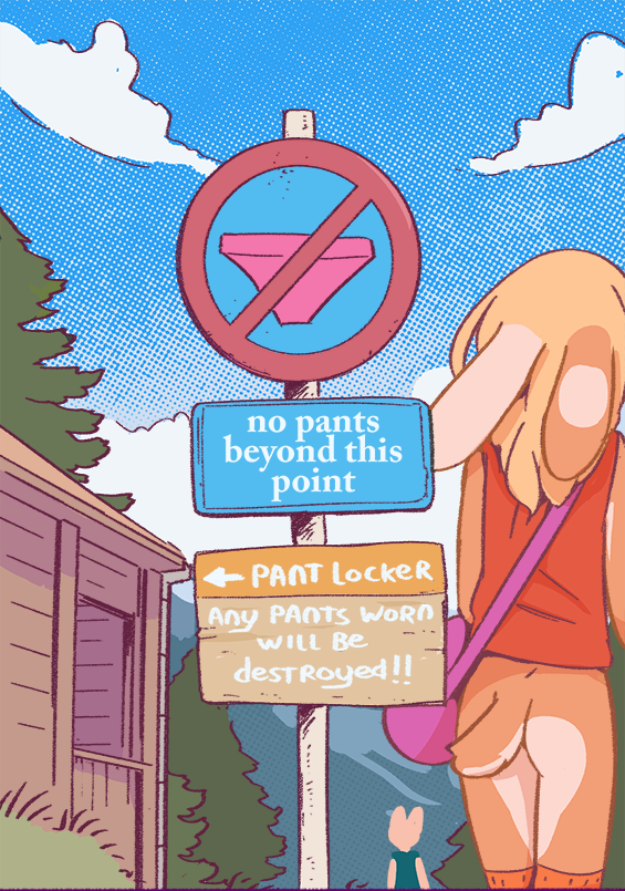 ambiguous_gender ass bag blonde_hair bottomless bottomless_female bunny english_text exhibitionism forest funkybun hiking leggings legwear mountain_range no_panties no_pants no_underwear nudism nudist outside park public_nudity purse sign socks sophie_(funkybun) tagme text trail