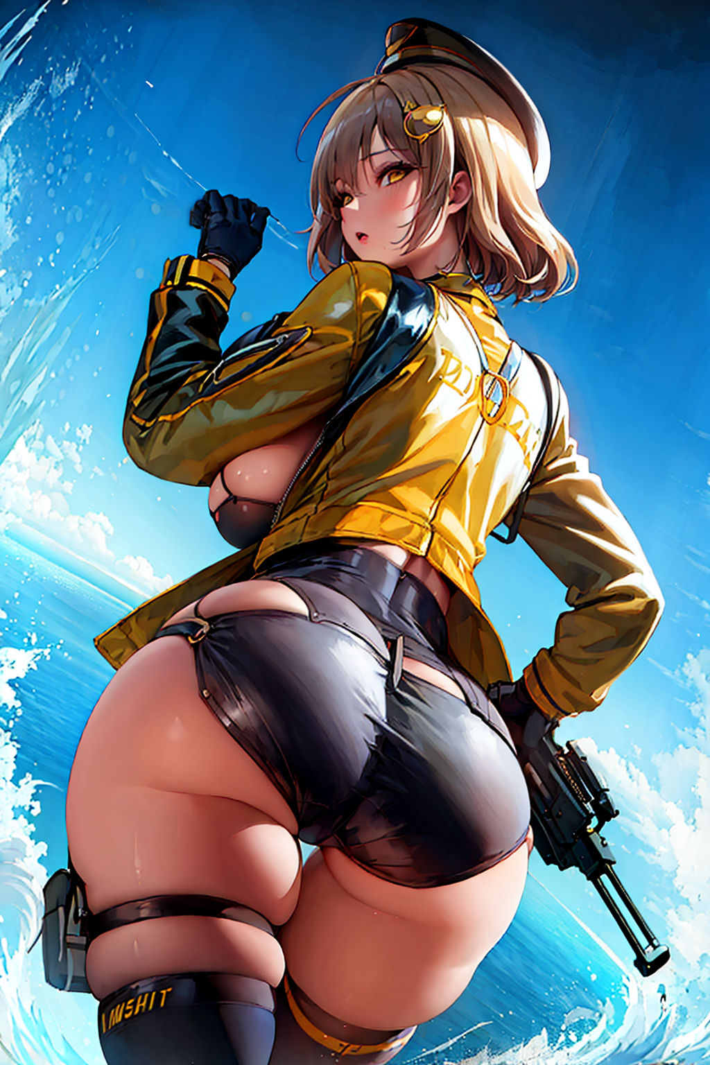 ahoge, ai generated, anis (nikke), ass, ass focus, blush, breasts, brown eyes, brown hair, female, from behind, from below, gloves, goddess of victory: nikke, gun, hairclip, hat, huge ass, jacket, large breasts, looking at viewer, shiny, shiny clothes, shiny hair, shiny skin, short hair, short shorts, shorts, sideboob, skindentation, solo, thick thighs, thigh strap, thighhighs, weapon, whale tail
