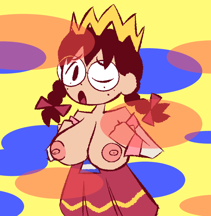 alternate_version_available anonymous_artist bare_shoulders big_breasts black_hair breasts breasts_out crown dress female female_focus freckles glasses hair_ribbon kirby_(series) kirby_64 kirby_dreamland_3 large_breasts long_sleeves nintendo nipples one_eye_closed open_mouth queen_ripple twin_braids yellow_background