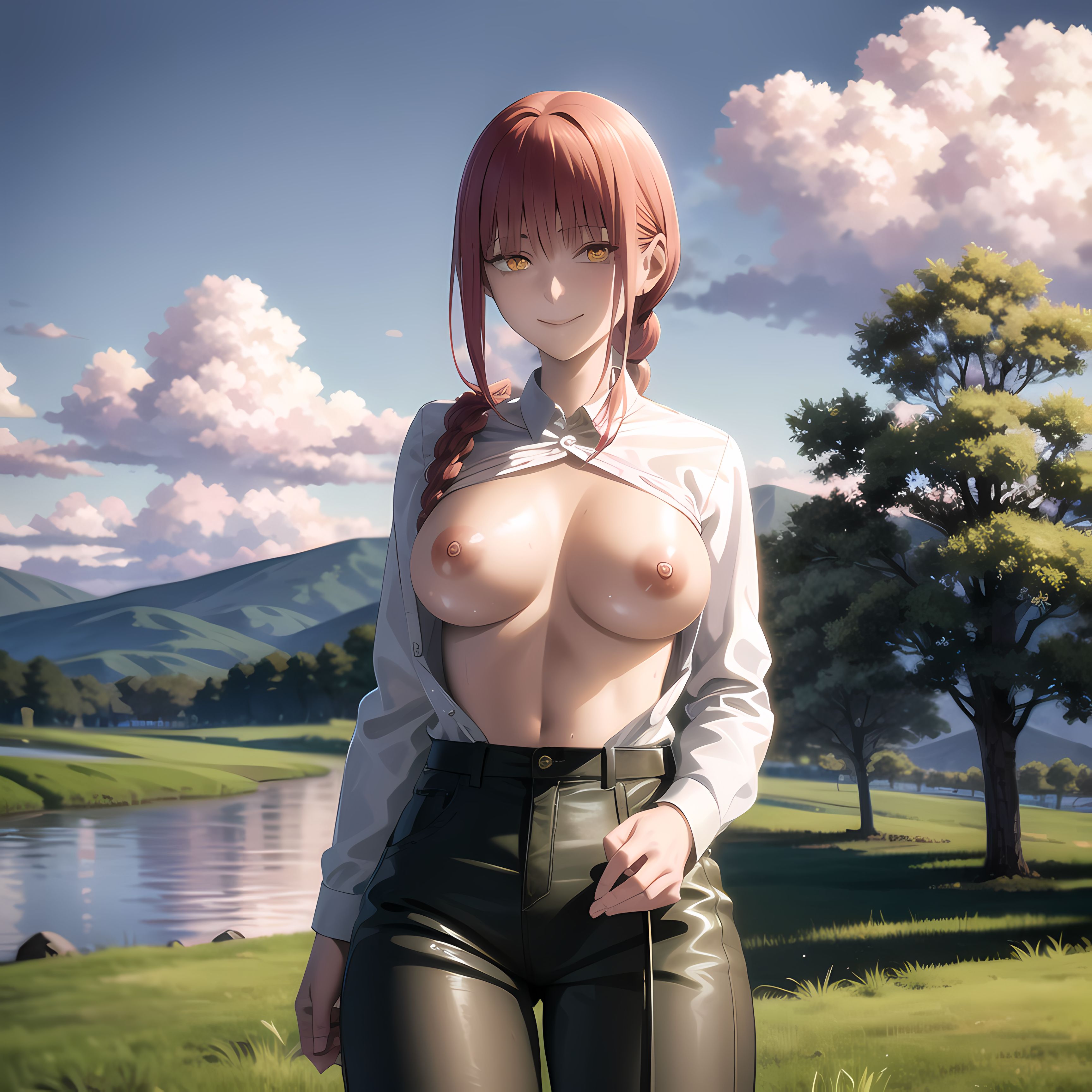 1girls, ai generated, breasts, chainsaw man, exposed breasts, female, female only, makima (chainsaw man), nipples, no bra, open shirt, solo, stable diffusion, tagme, tight pants