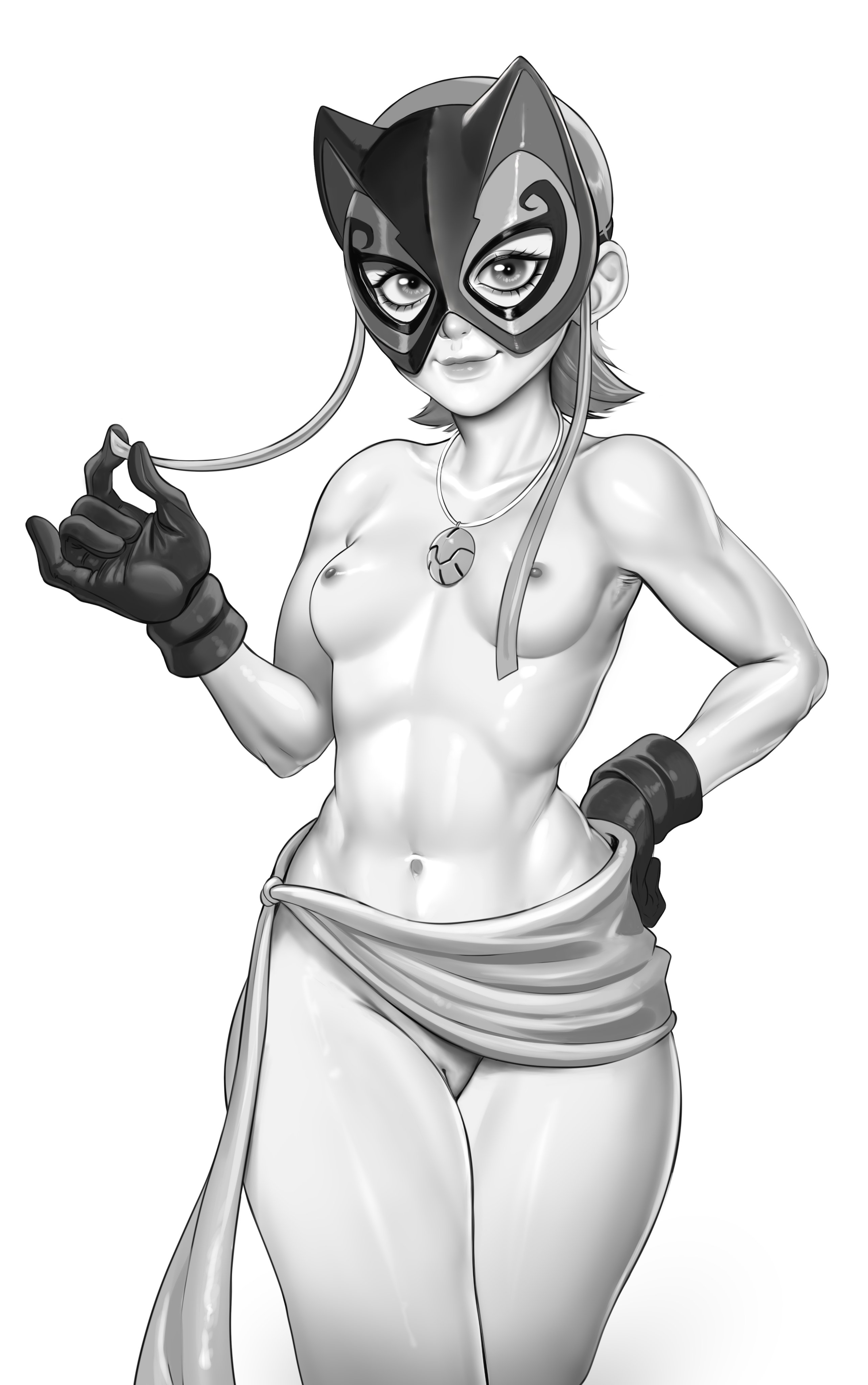 1girls, ben 10, ben 10 (classic), breasts, cartoon network, exposed breasts, female, female only, gloves, gwen tennyson, gwen tennyson (classic), looking at viewer, lucky girl, luenartt, mask, medium breasts, monochrome, nipples, no bra, no panties, pussy, solo, young, younger female