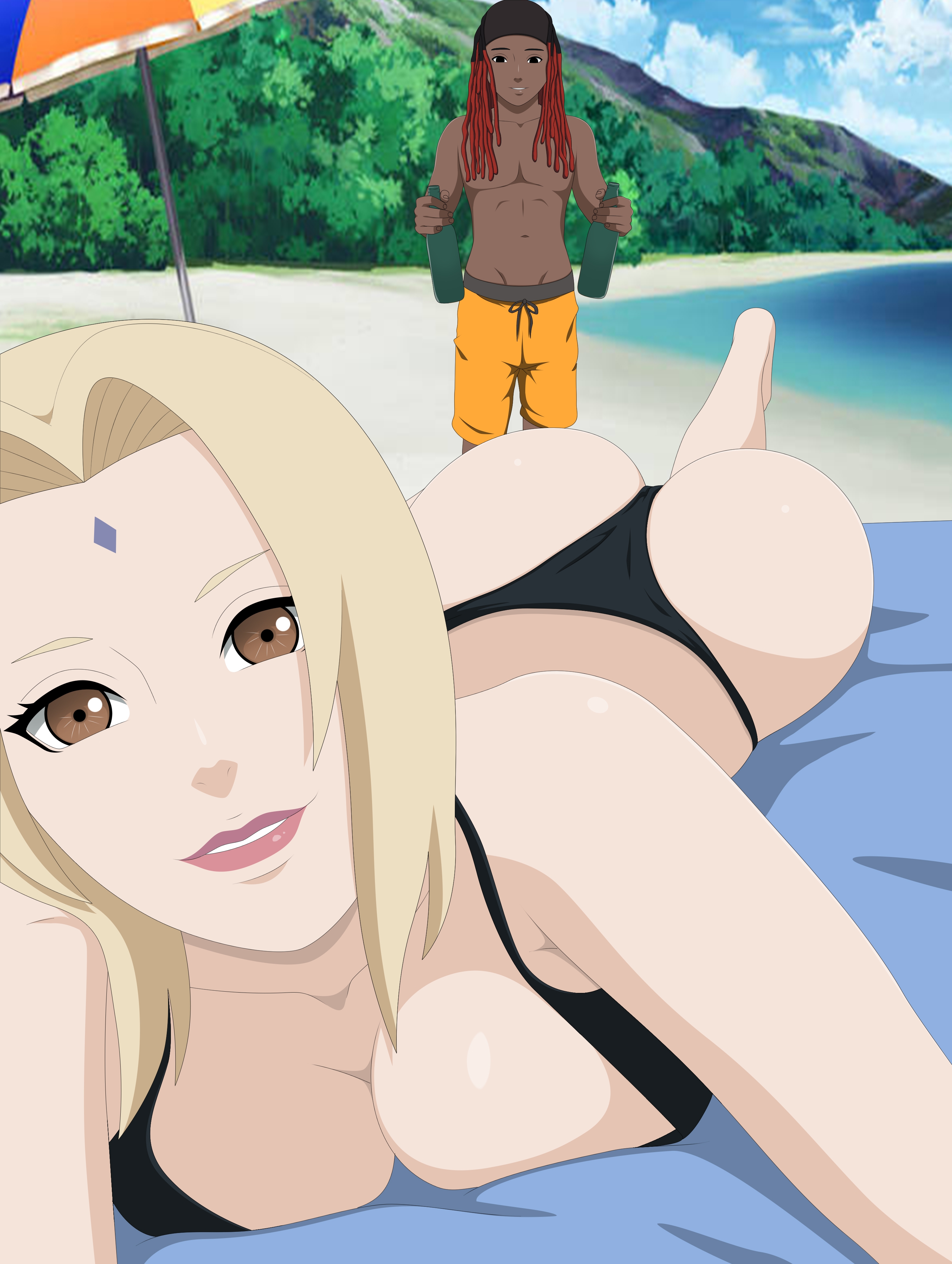 ass, ass focus, beach, bikini, bubble ass, bubble butt, dark skin, dark-skinned male, darkalx, dreadlocks, fat ass, female, holidays, imminent sex, interracial, looking at viewer, male, mature female, milf, naruto, naruto (series), naruto shippuden, older female and younger male, original character, red hair, selfie, tsunade