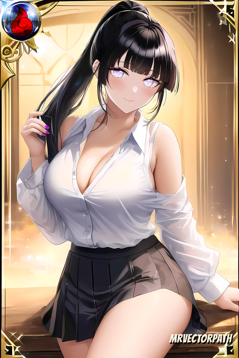 1girls, ai generated, alternate version available, arms behind back, asian, blue hair, blunt bangs, blush, breasts, cleavage, clothed, cute, female, female only, hime cut, hyuuga hinata, large breasts, long hair, looking at viewer, miniskirt, mrvectorpath, nai diffusion, nail polish, naruto, naruto (series), naruto shippuden, open mouth, petite, plaid skirt, ponytail, purple background, purple eyes, school uniform, schoolgirl, shirt, sidelocks, skirt, solo, stable diffusion, teenager, text, thick thighs, unusual anatomy, unusual eyes, unusual pupils, url, web address, wide hips