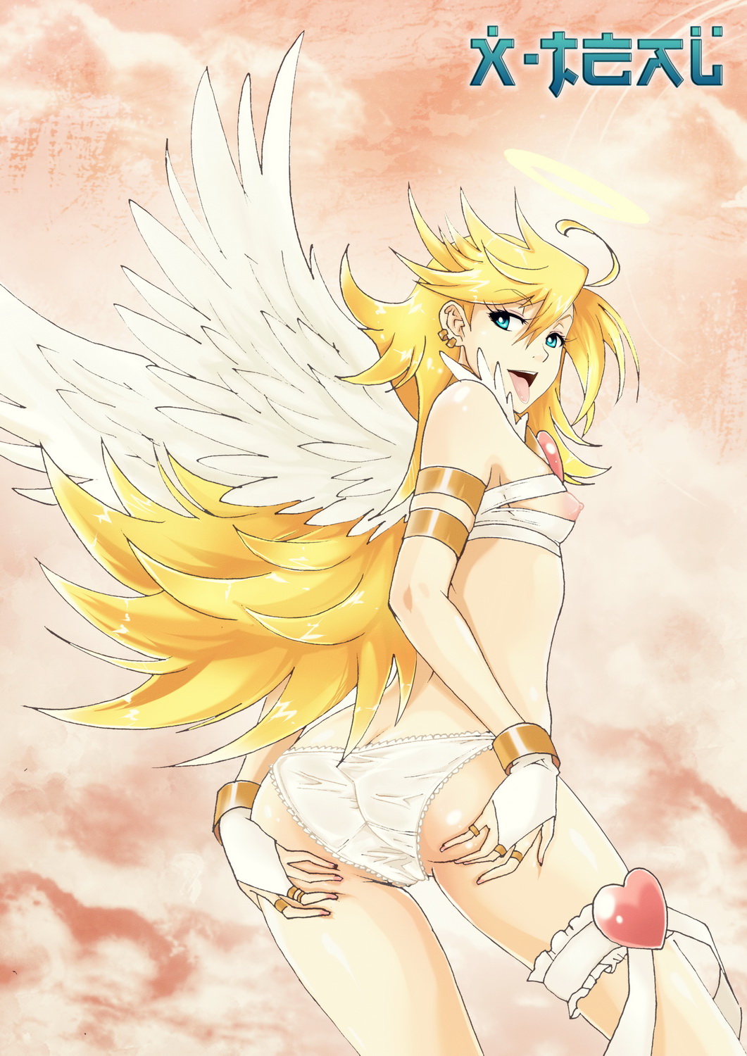 1girls, angel, angel wings, armband, ass, blonde hair, bracelet, breasts, bridal gauntlets, earrings, female, female only, green eyes, highres, jewelry, looking back, nipples, open mouth, panties, panty & stocking with garterbelt, panty anarchy, ring, solo, underwear, white panties, wings, x-teal