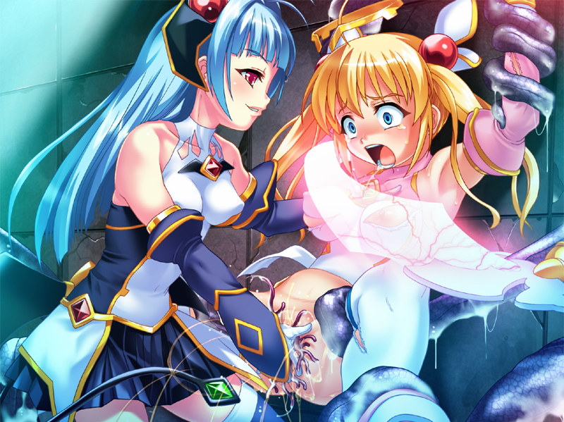 2girls blonde_hair blue_eyes blue_hair clothing femdom gloves honjou_emiru honjou_erena long_hair mahou_shoujo_erena multiple_girls nipples potekoro rape red_eyes restrained slime spread_legs tentacle tentacles tied_hair twintails valkyria_(studio)