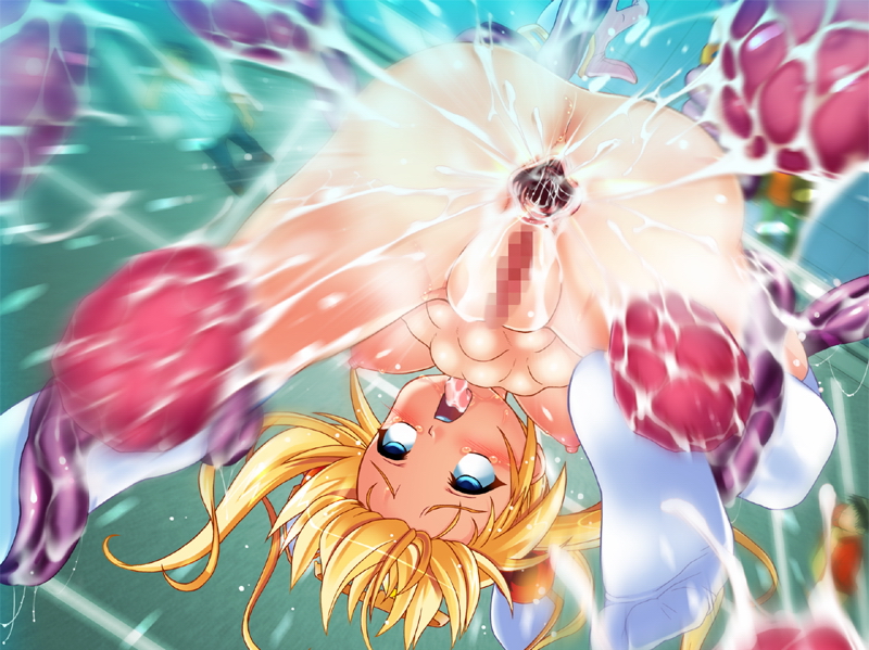 anus blonde_hair blue_eyes censored egg egg_laying eggs female fucked_silly honjou_erena long_hair mahou_shoujo_erena restrained rolling_eyes slime stomach_bulge tentacle tied_hair twintails valkyria_(studio)