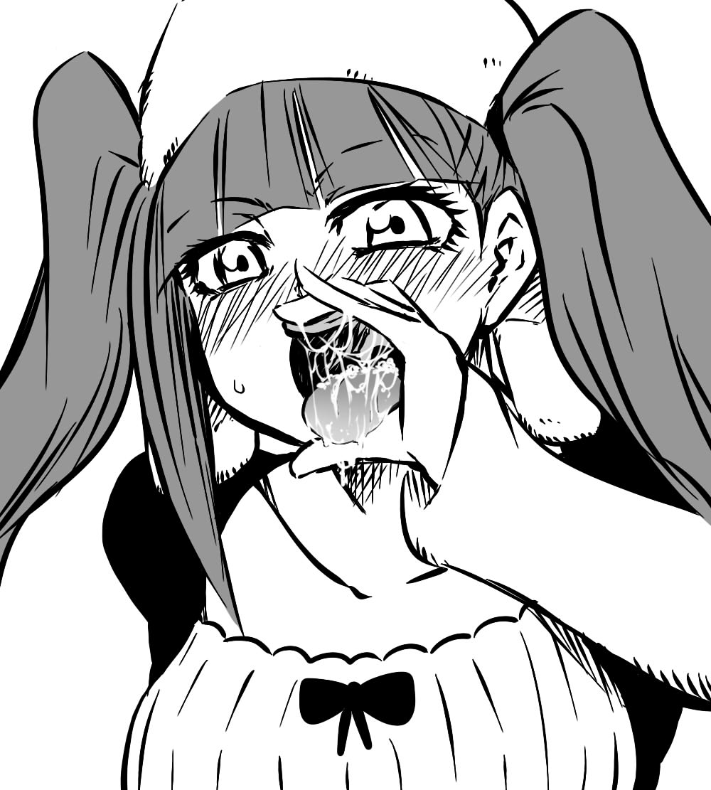 1girls after_sex bleach blush bust cum cum_in_mouth dokugamine_riruka eyelashes female female_only fullbringer hand_to_mouth hanyapunifu hat long_hair monochrome open_mouth solo tied_hair tongue tongue_out twintails