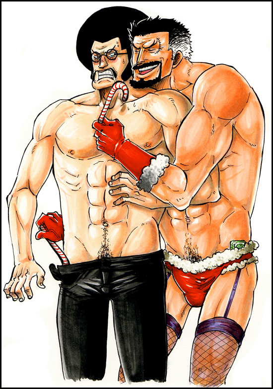 abs boner bulge cameltail candy_cane clothes erection front_view male male_only money monkey_d_garp multiple_males muscles nipples one_piece sengoku_(one_piece)human simple_background standing white_background yaoi